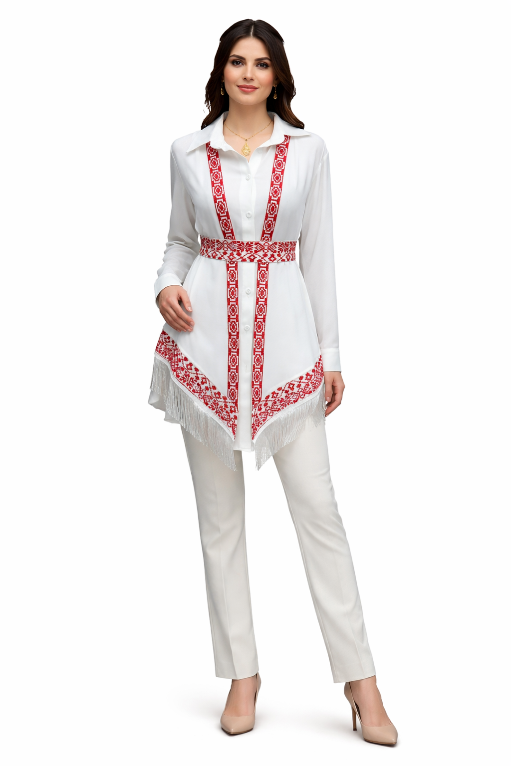 Radiant Elegance: Red & White Embroidered Chiffon Vest - Palestinian Elegance
