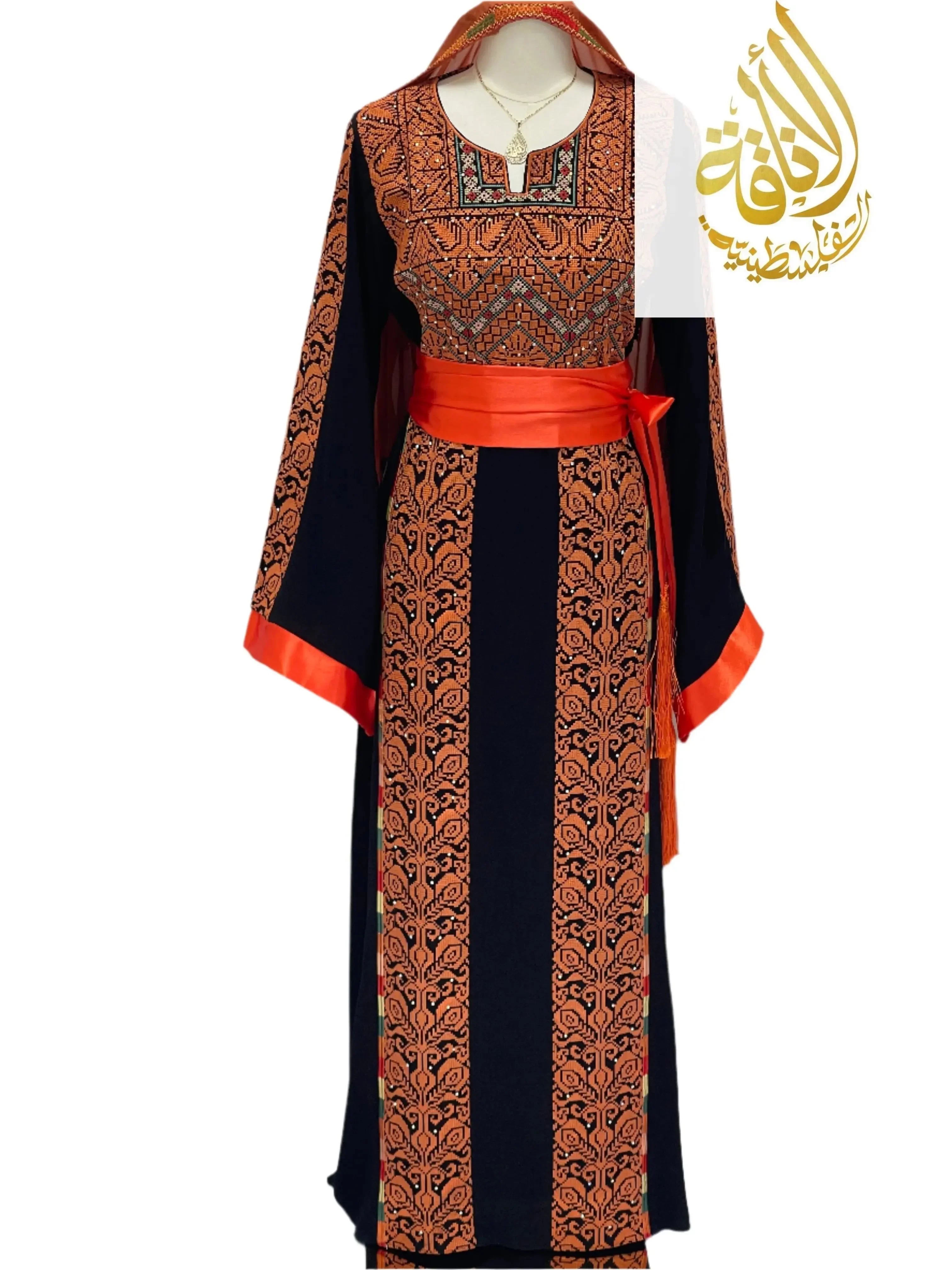 Sunset Ember Embroidered Thoub – Traditional Silhouette, Modern Elegance - Palestinian Elegance