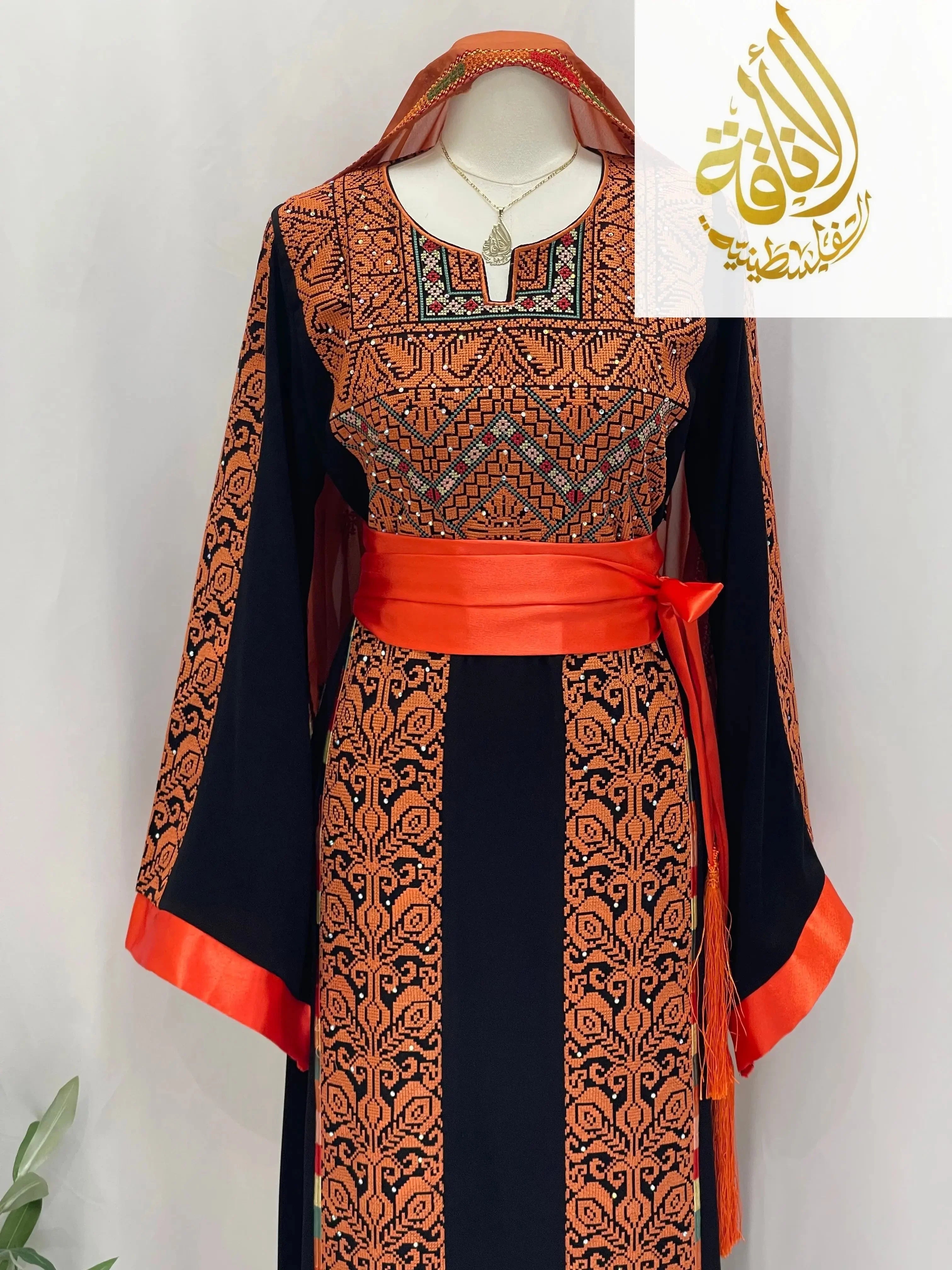 Sunset Ember Embroidered Thoub – Traditional Silhouette, Modern Elegance - Palestinian Elegance