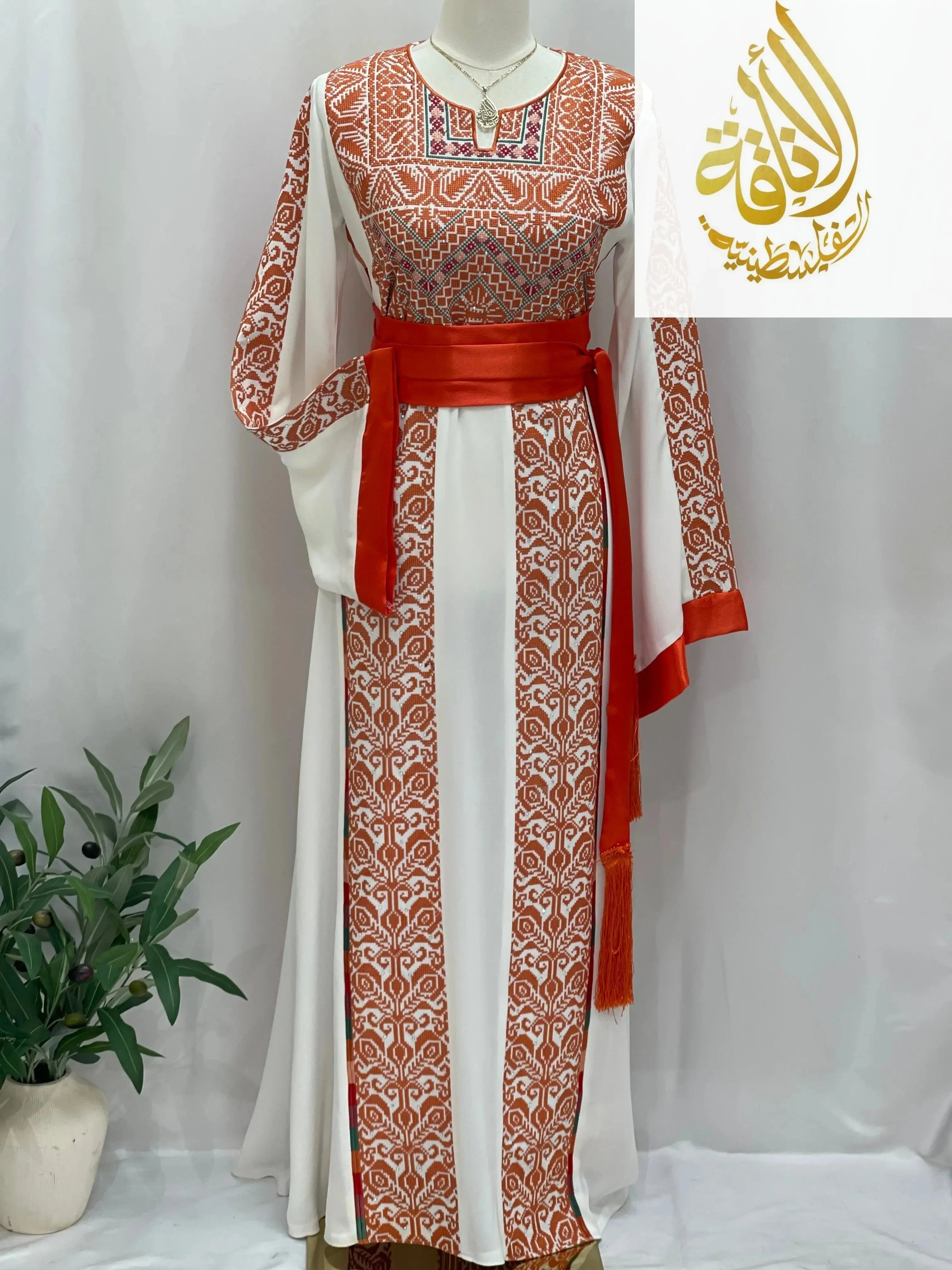 Sunset Ember Embroidered Thoub – Traditional Silhouette, Modern Elegance - Palestinian Elegance