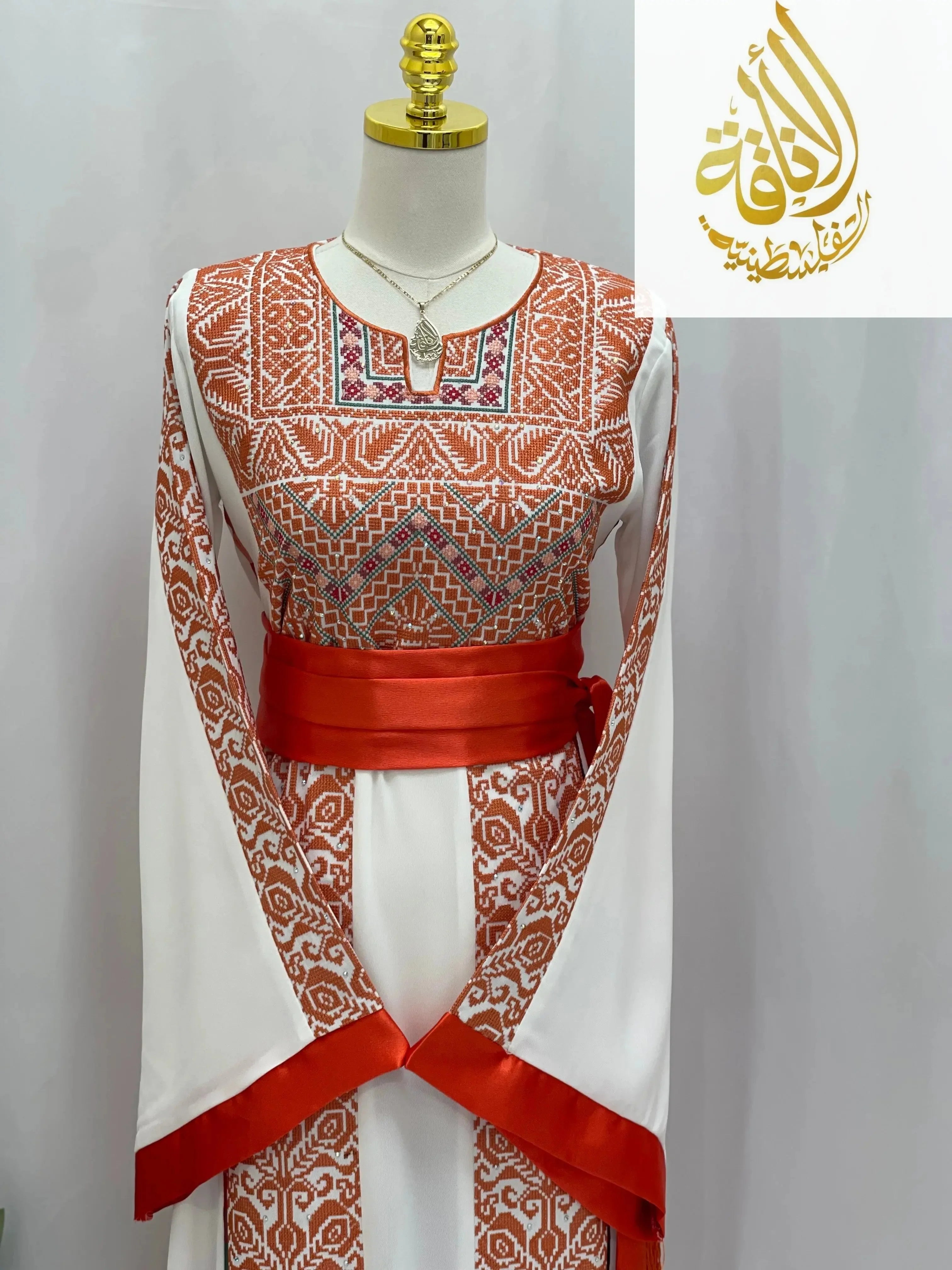 Sunset Ember Embroidered Thoub – Traditional Silhouette, Modern Elegance - Palestinian Elegance