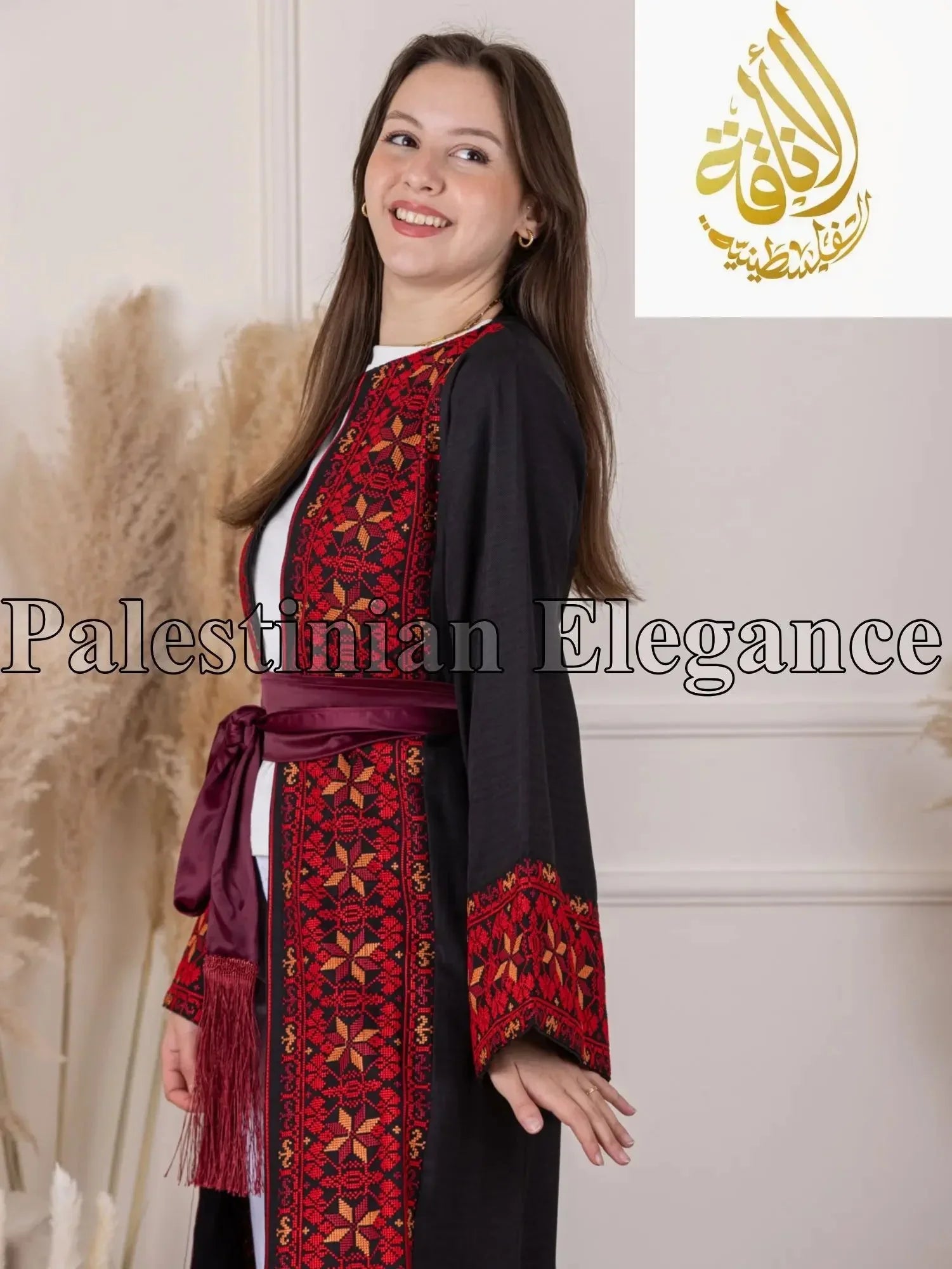 Palestinian Elegance Thoub with traditional red and black Tahreer Embroidery Bisht detailing and matching belt