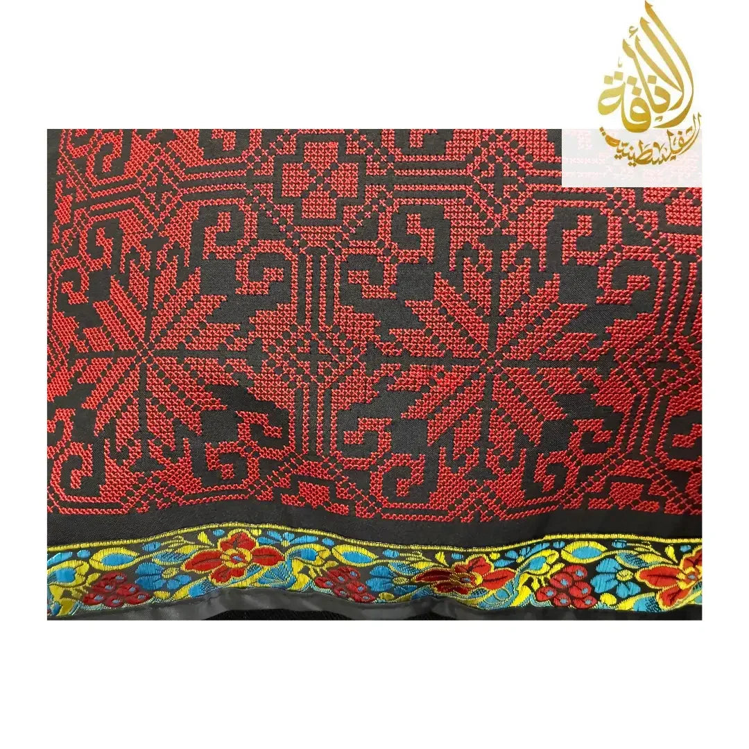 Palestinian Elegance red and black embroidered tatreez pillow cover with colorful floral border design