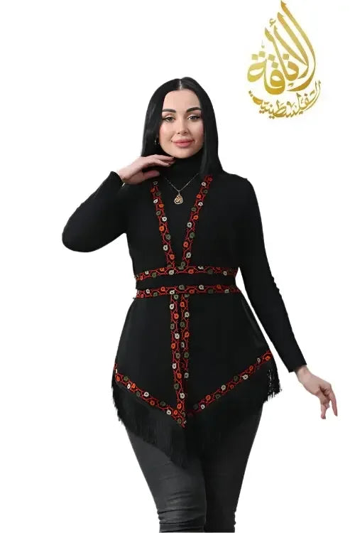 Black vest with red and orange embroidered patterns by Palestinian Elegance inspired by white chiffon embroidered vest