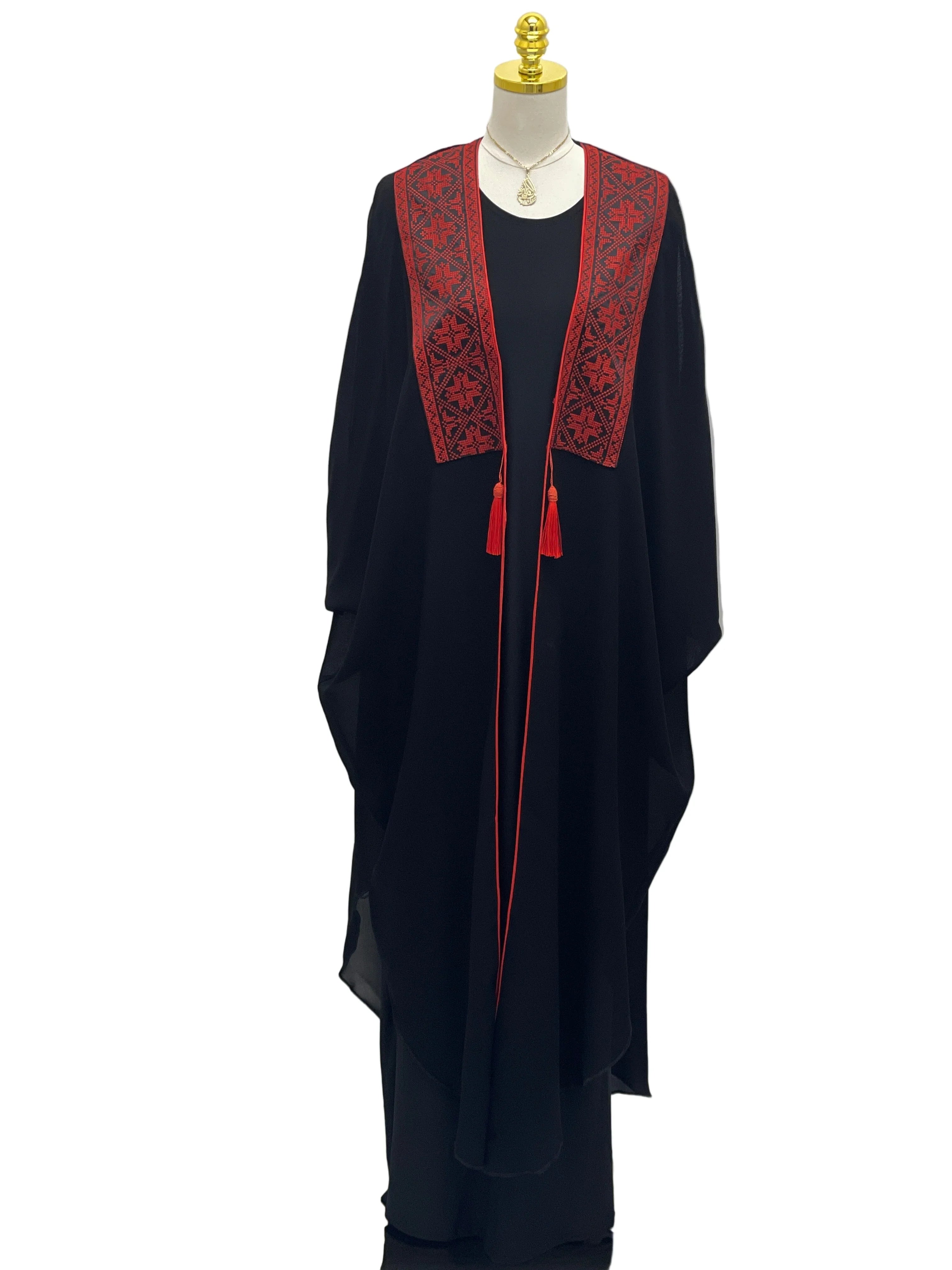 Elegant black chiffon bisht for women with intricate red embroidery and tassels for a stylish look