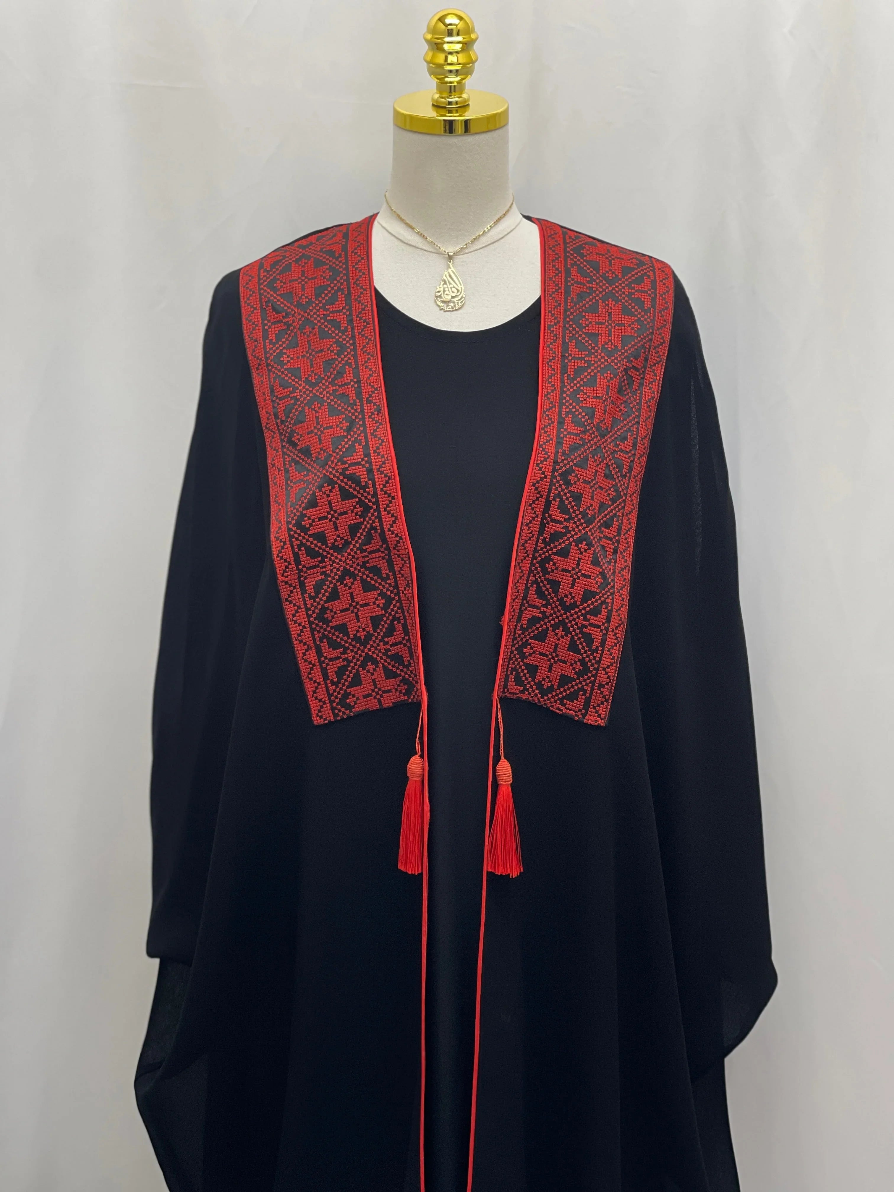 Elegant Black Chiffon Bisht with Intricate Red Embroidery and Tassels for a Stylish Look