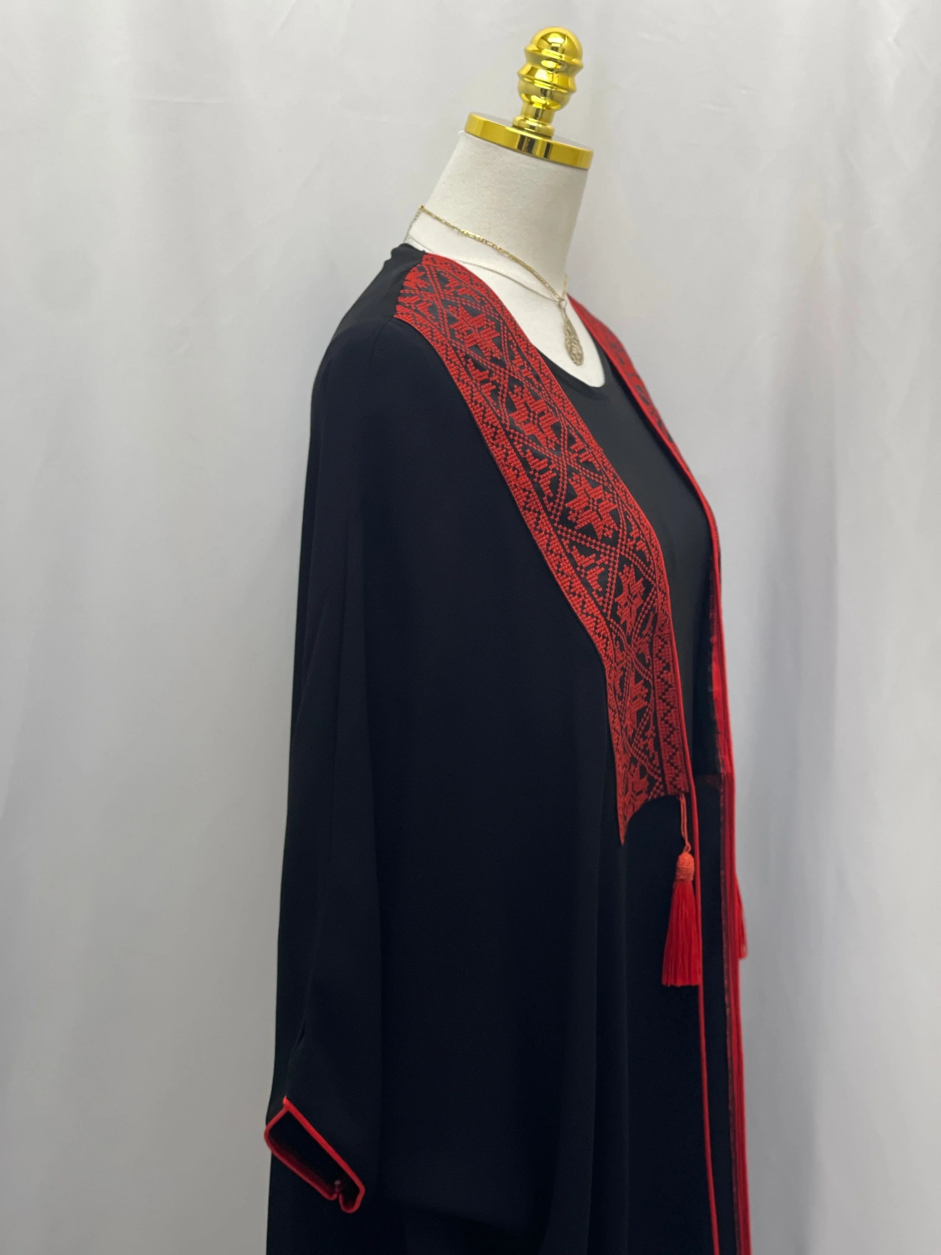 Elegant Black Chiffon Bisht with Red Embroidery and Tassel Details for Women