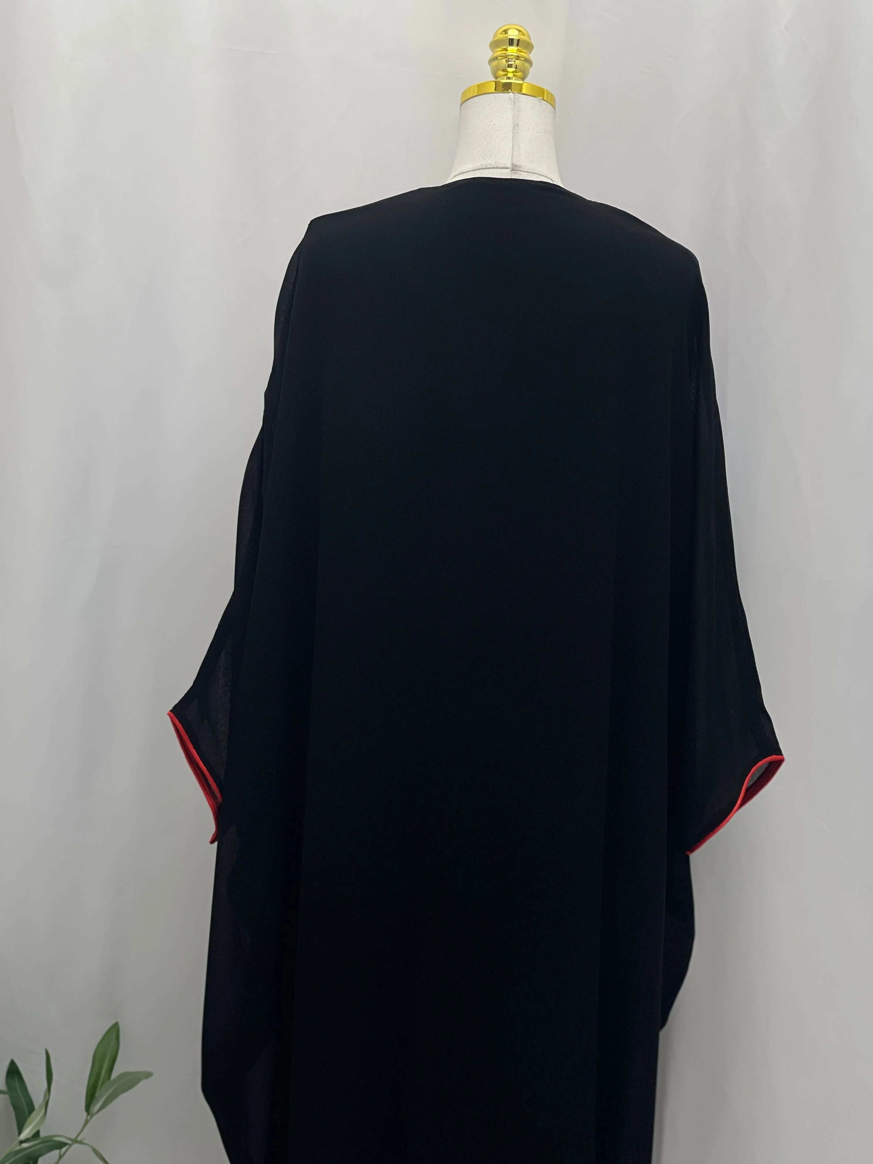 Elegant Black Chiffon Bisht with Red Trim for Women's Traditional Attire