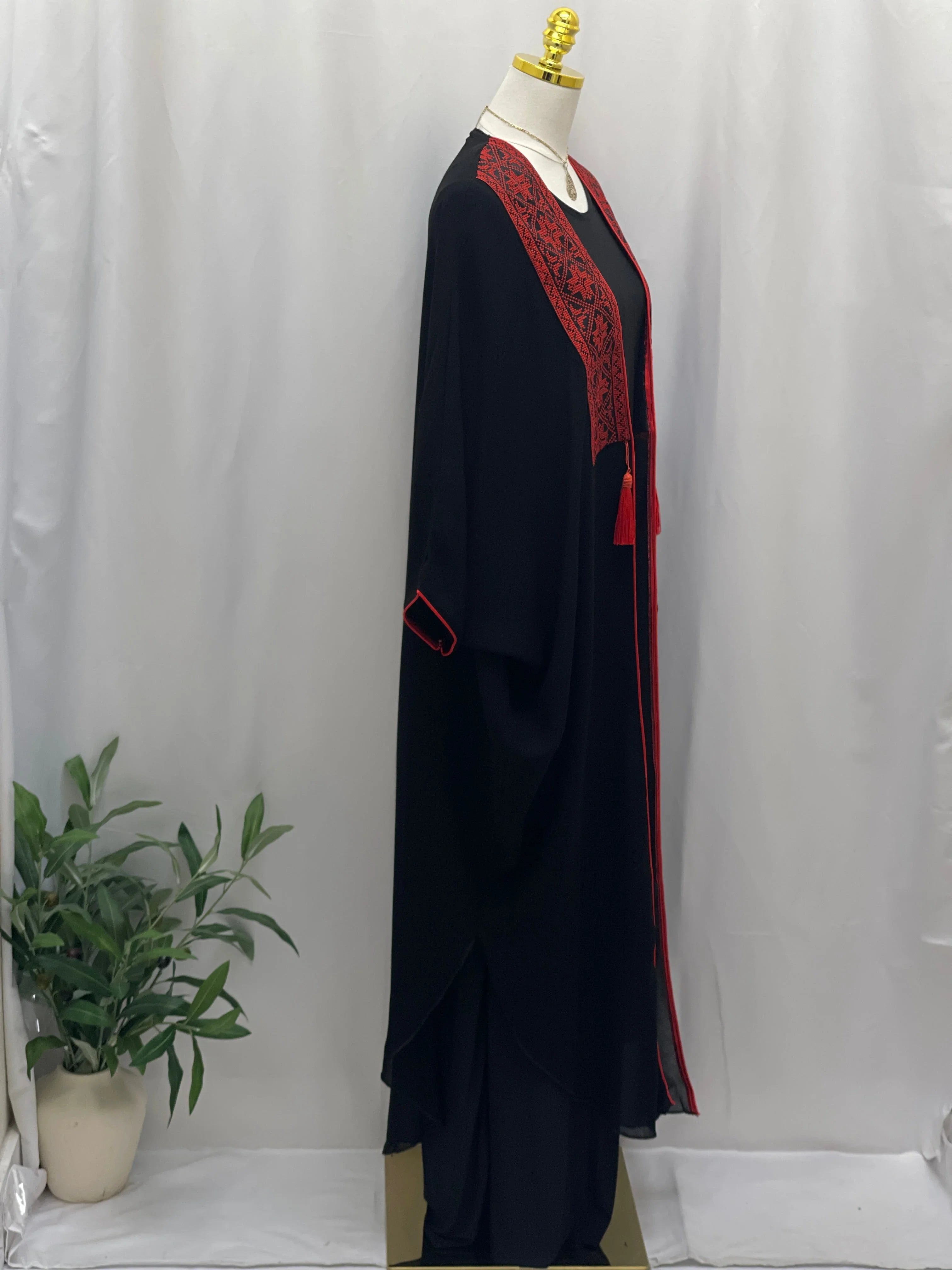 Elegant Black Chiffon Bisht with Red Embroidery and Tassels, perfect for formal occasions