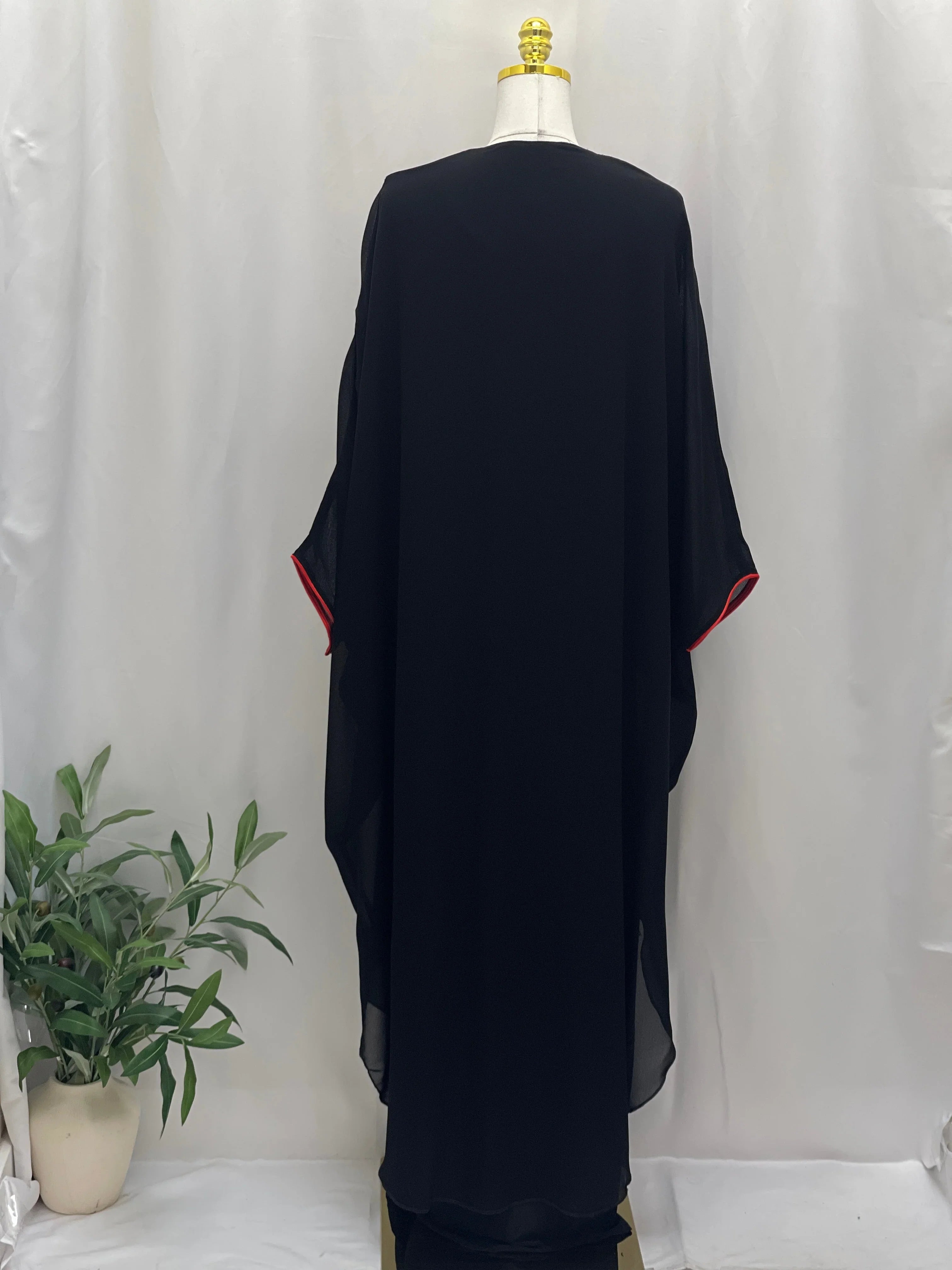 Elegant Black Chiffon Bisht for women featuring stylish red trim and flowing design