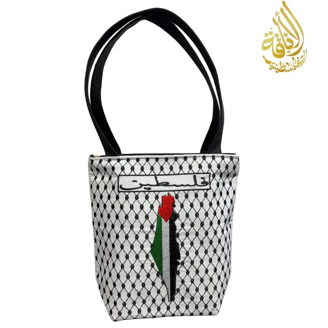 Palestinian embroidered tote bag with black and white pattern and colorful map design