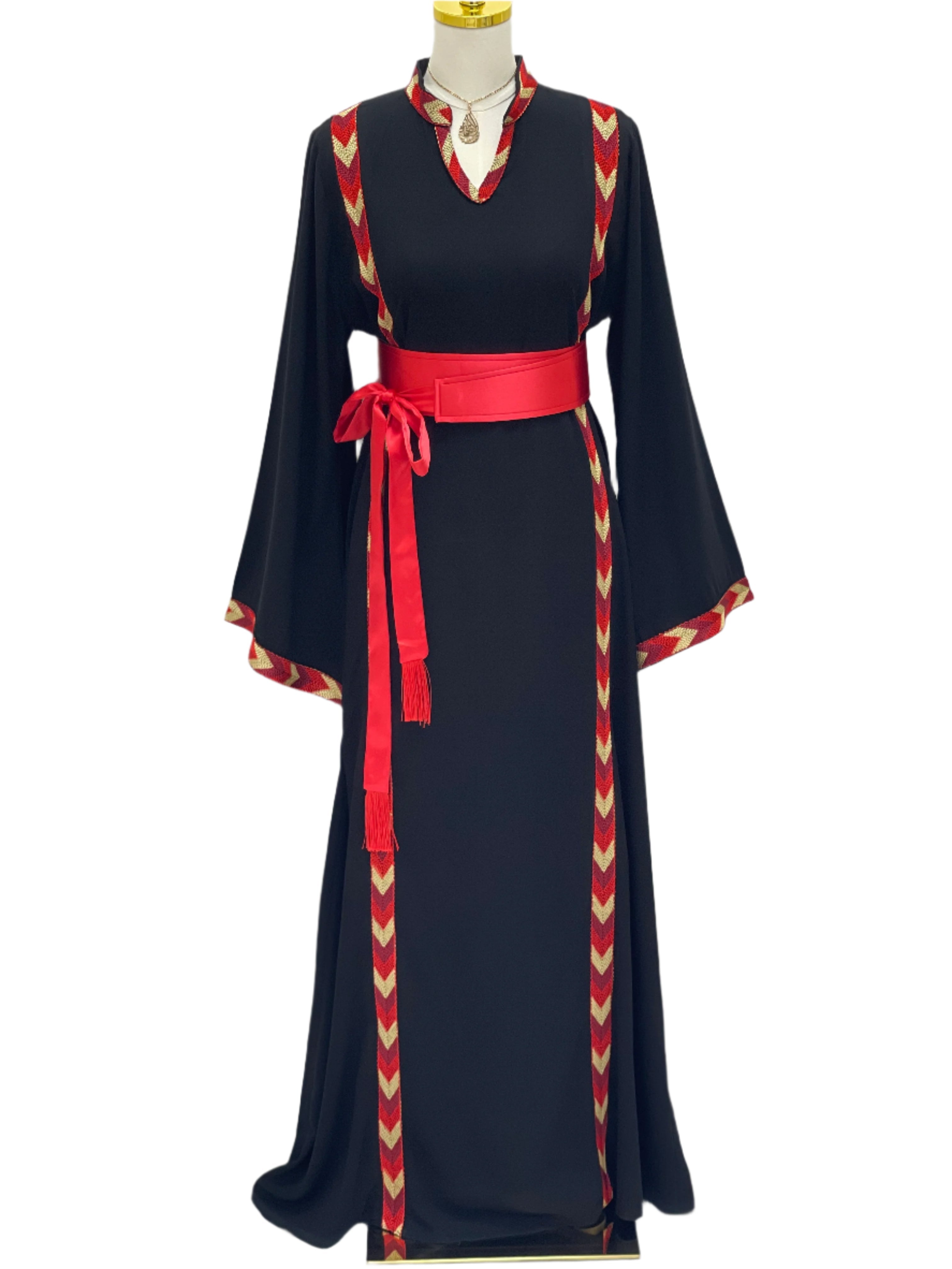 Traditional Palestinian thobe black dress with red embroidery and wide sleeves by Palestinian Elegance
