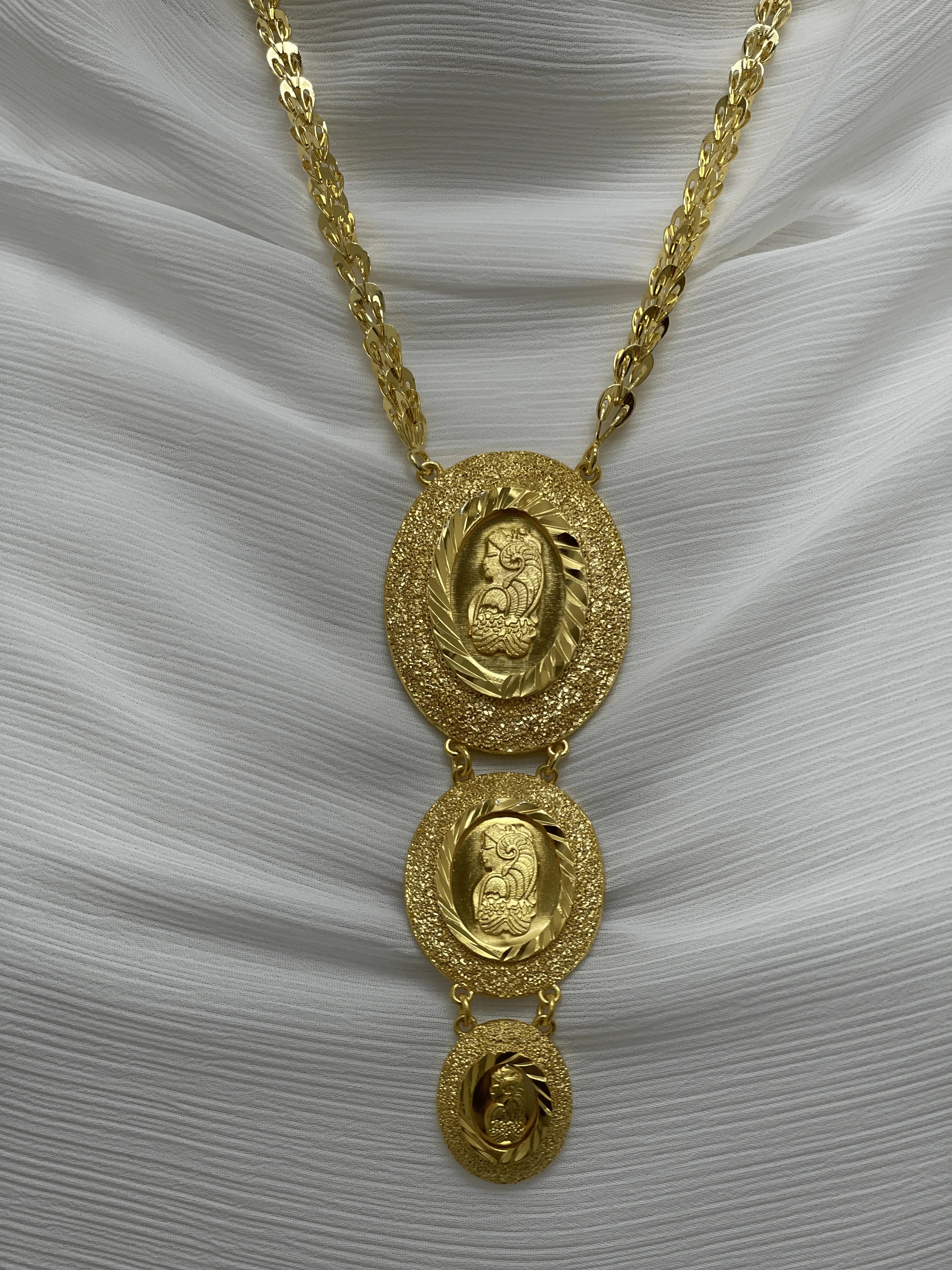 Palestinian Elegance triple Ounce Imitated Gold Necklace with intricate oval pendants and detailed chain design