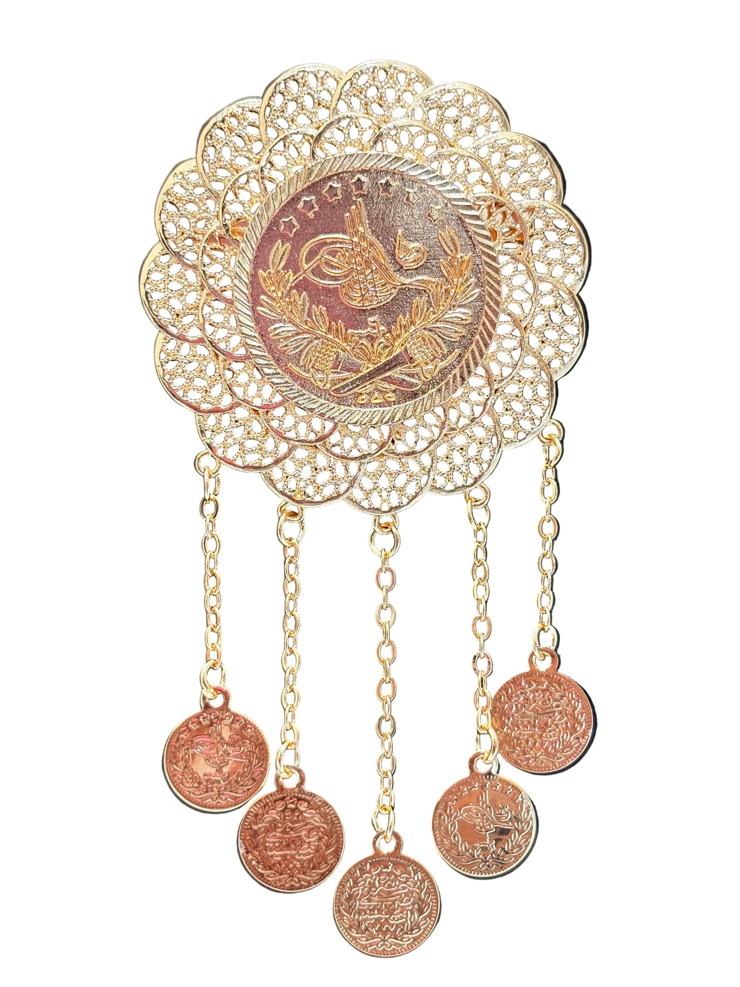 Palestinian Elegance Turkish lira Brooch -Large featuring intricate lace design and hanging coin details
