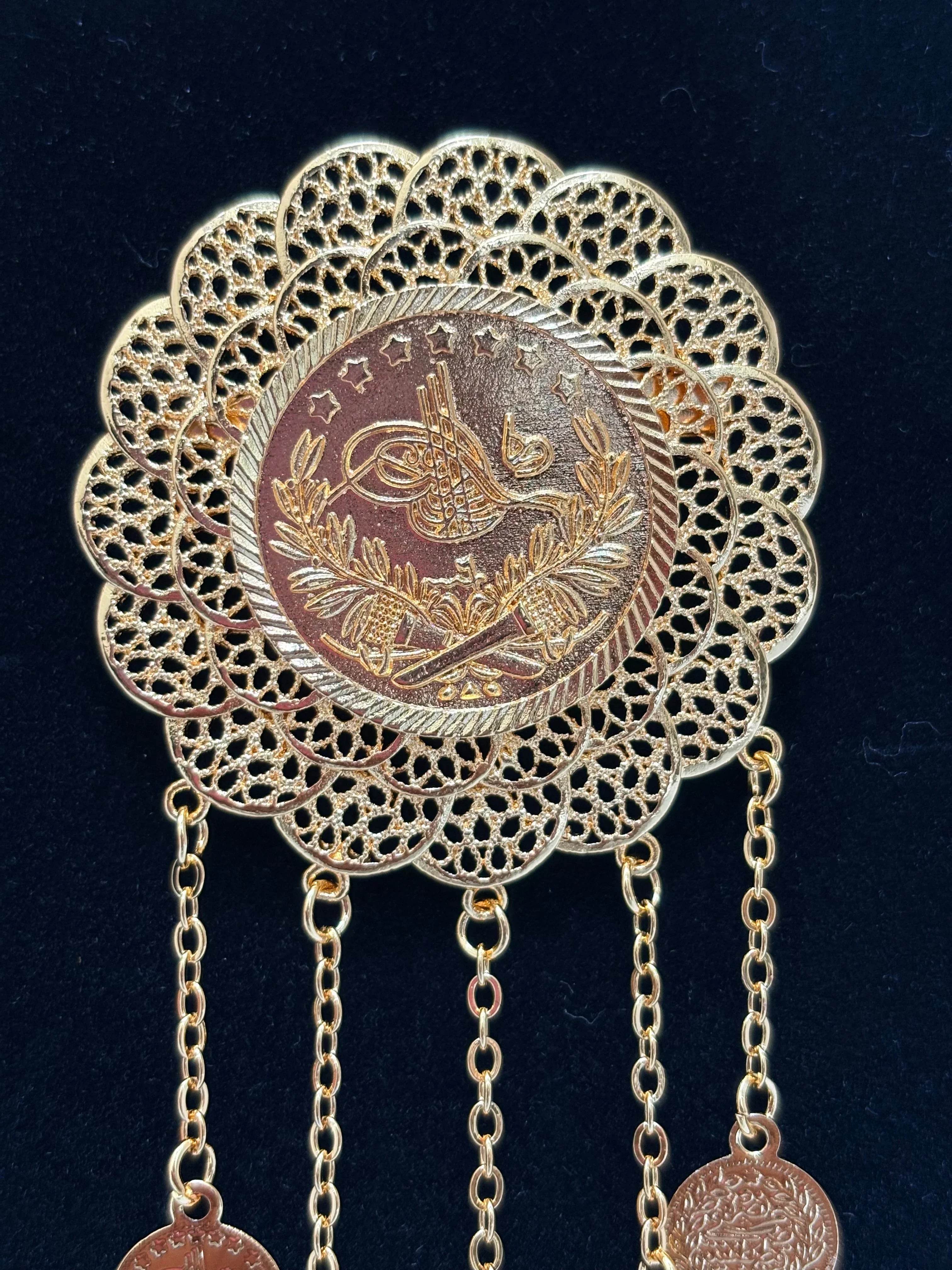 Turkish lira Brooch -Large with intricate lace design and hanging chains, perfect accessory for elegant outfits
