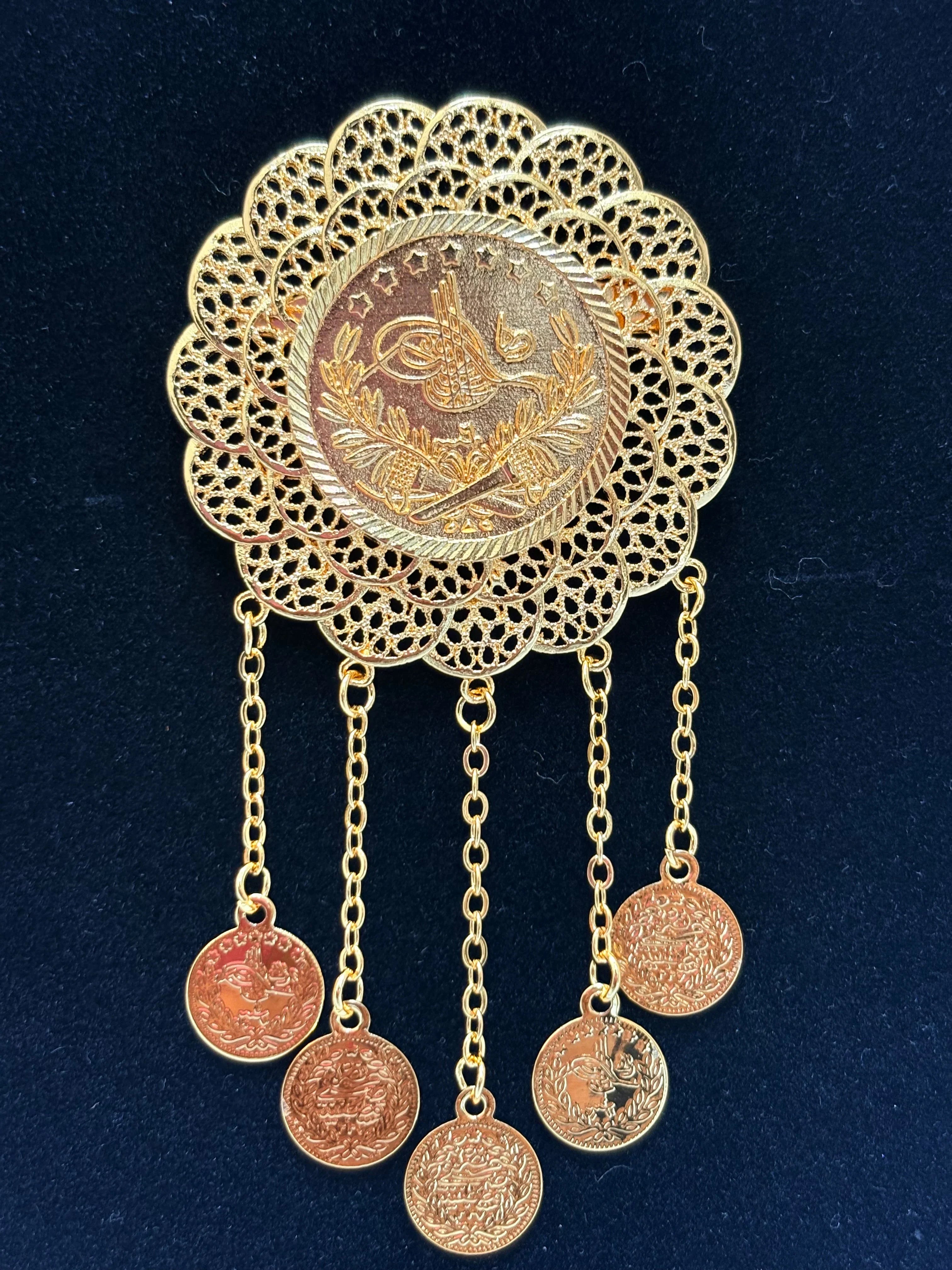 Palestinian Elegance Turkish lira Brooch -Large with Gold Floral Design and Hanging Coins