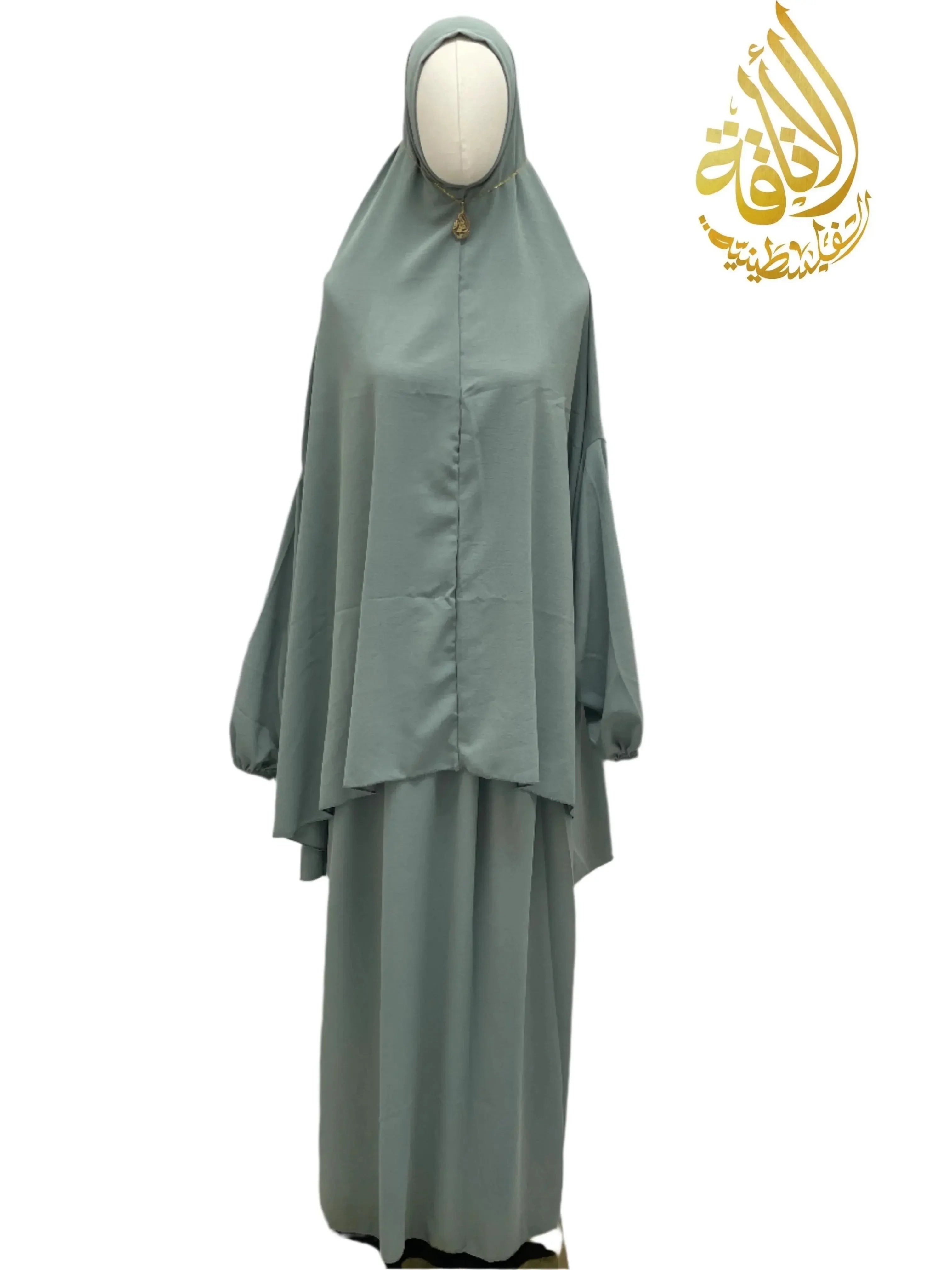 Palestinian Elegance two piece prayer outfit in sage green with long sleeves and modest coverage