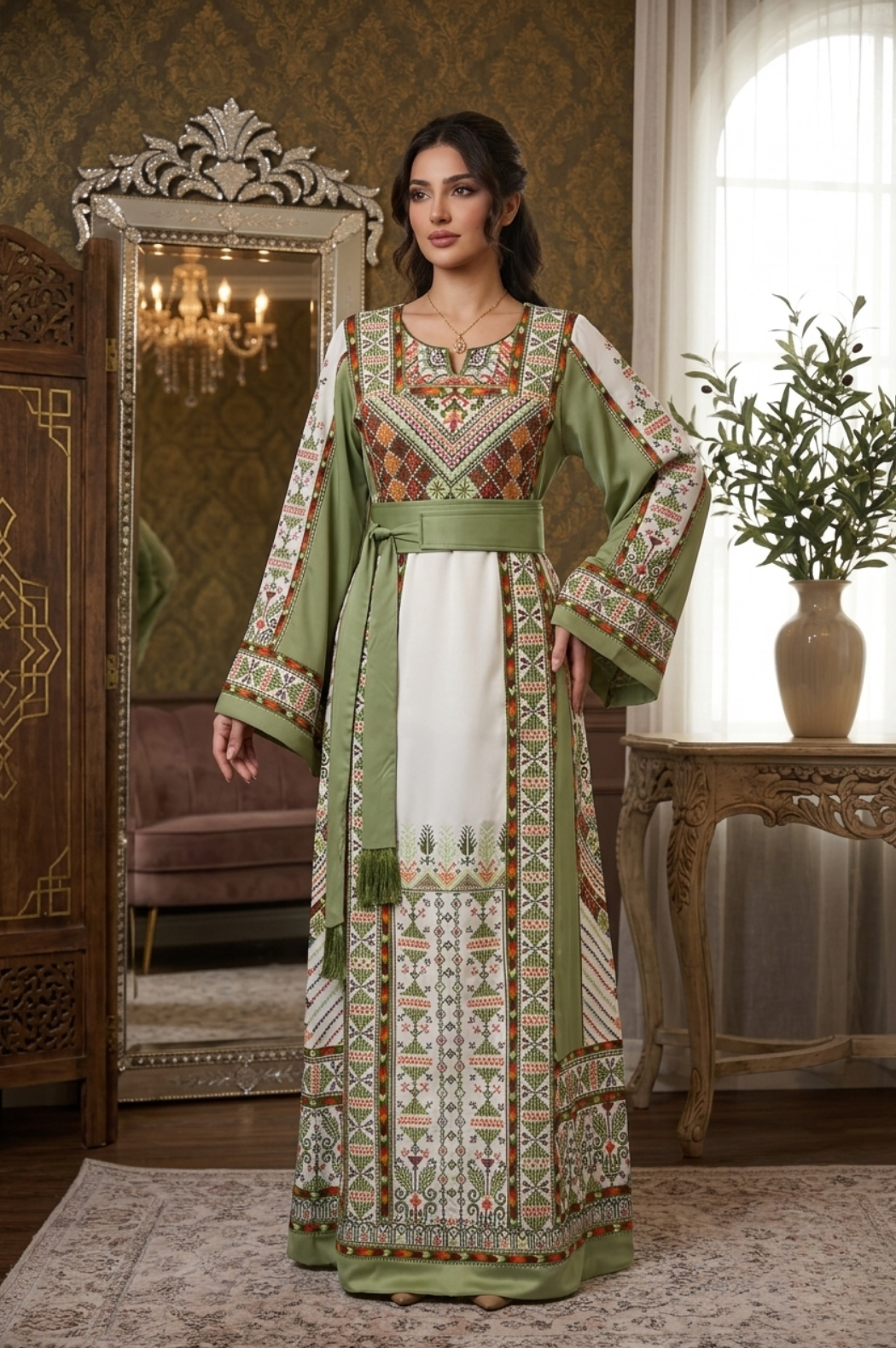 Palestinian Embroidered Olive Thobe – Heritage Elegance