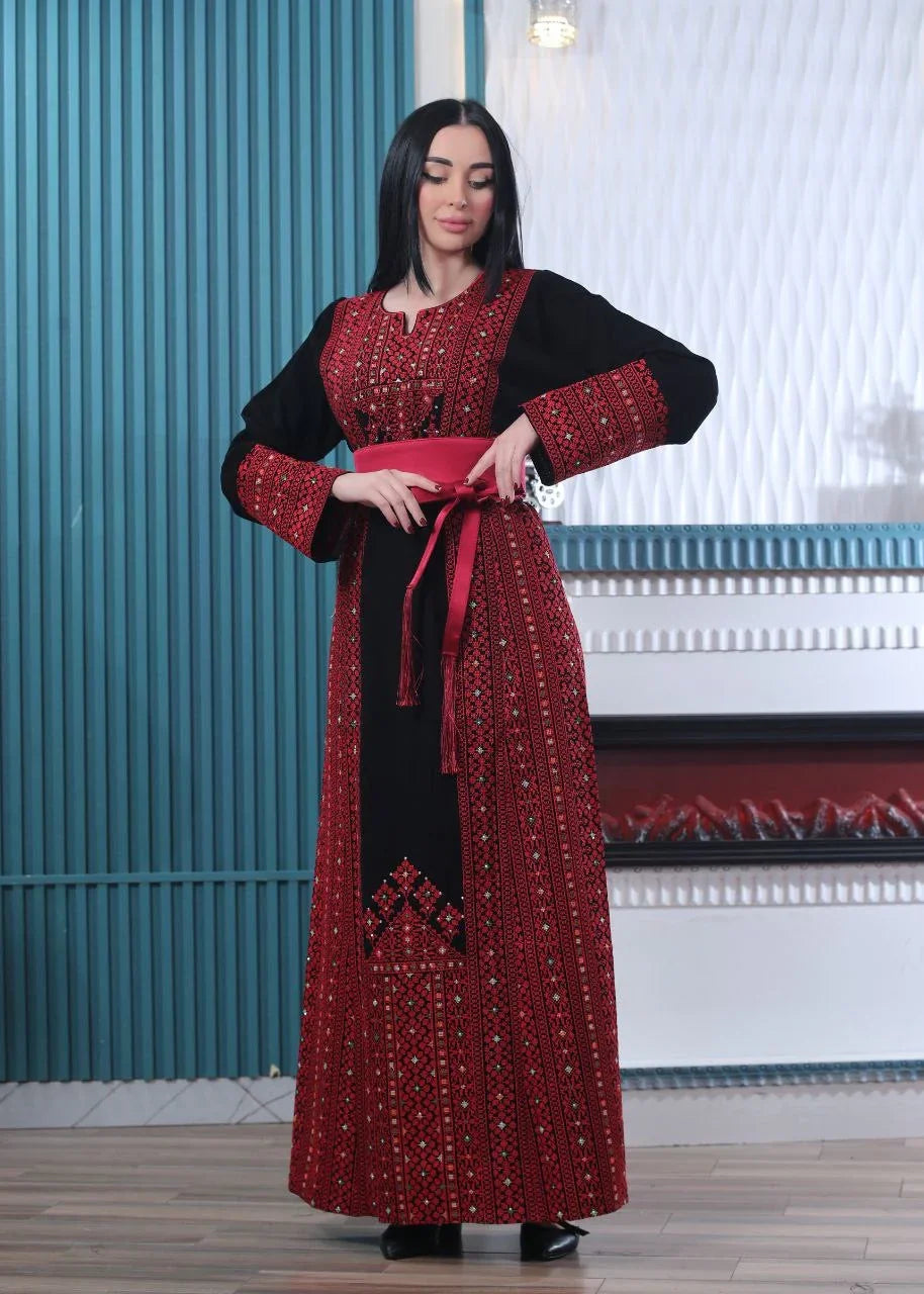 Wafa Embroidered Thoub With Satin Belt – Exquisite Elegance & Tradition - Palestinian Elegance