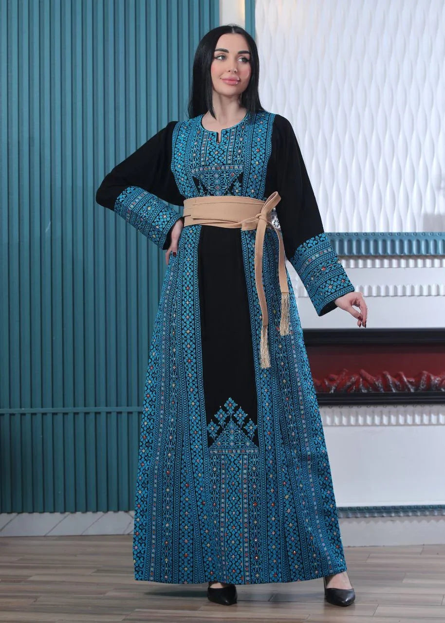 Wafa Embroidered Thoub With Satin Belt – Exquisite Elegance & Tradition - Palestinian Elegance