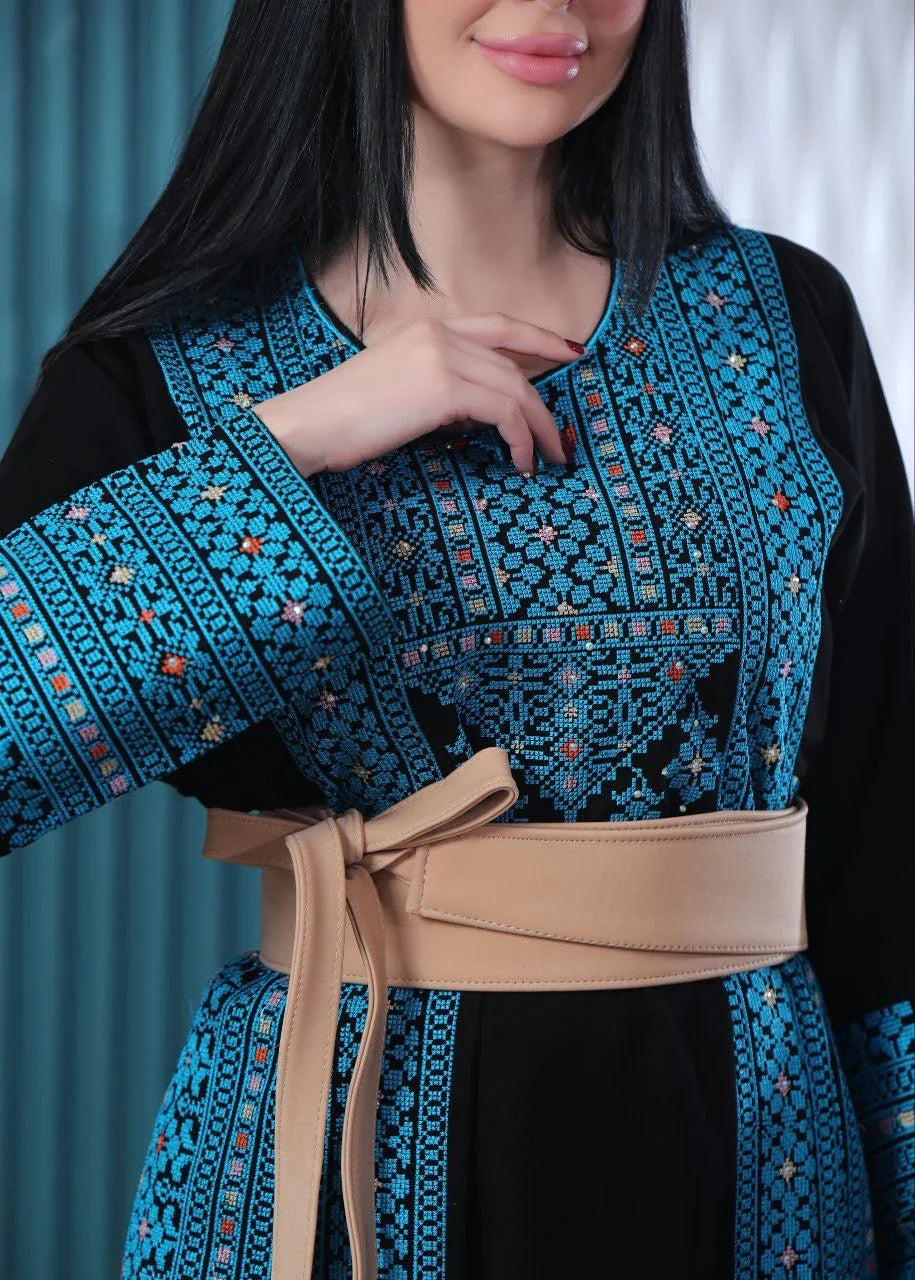 Wafa Embroidered Thoub With Satin Belt – Exquisite Elegance & Tradition - Palestinian Elegance