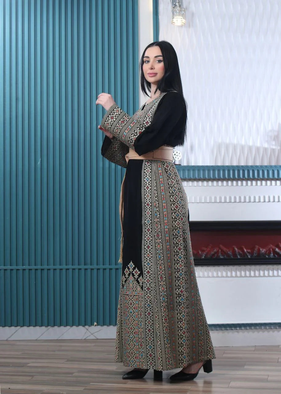 Wafa Embroidered Thoub With Satin Belt – Exquisite Elegance & Tradition - Palestinian Elegance