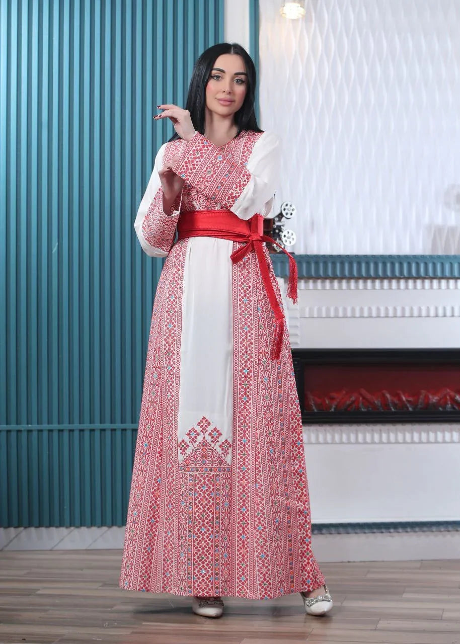 Wafa Embroidered Thoub With Satin Belt – Exquisite Elegance & Tradition - Palestinian Elegance