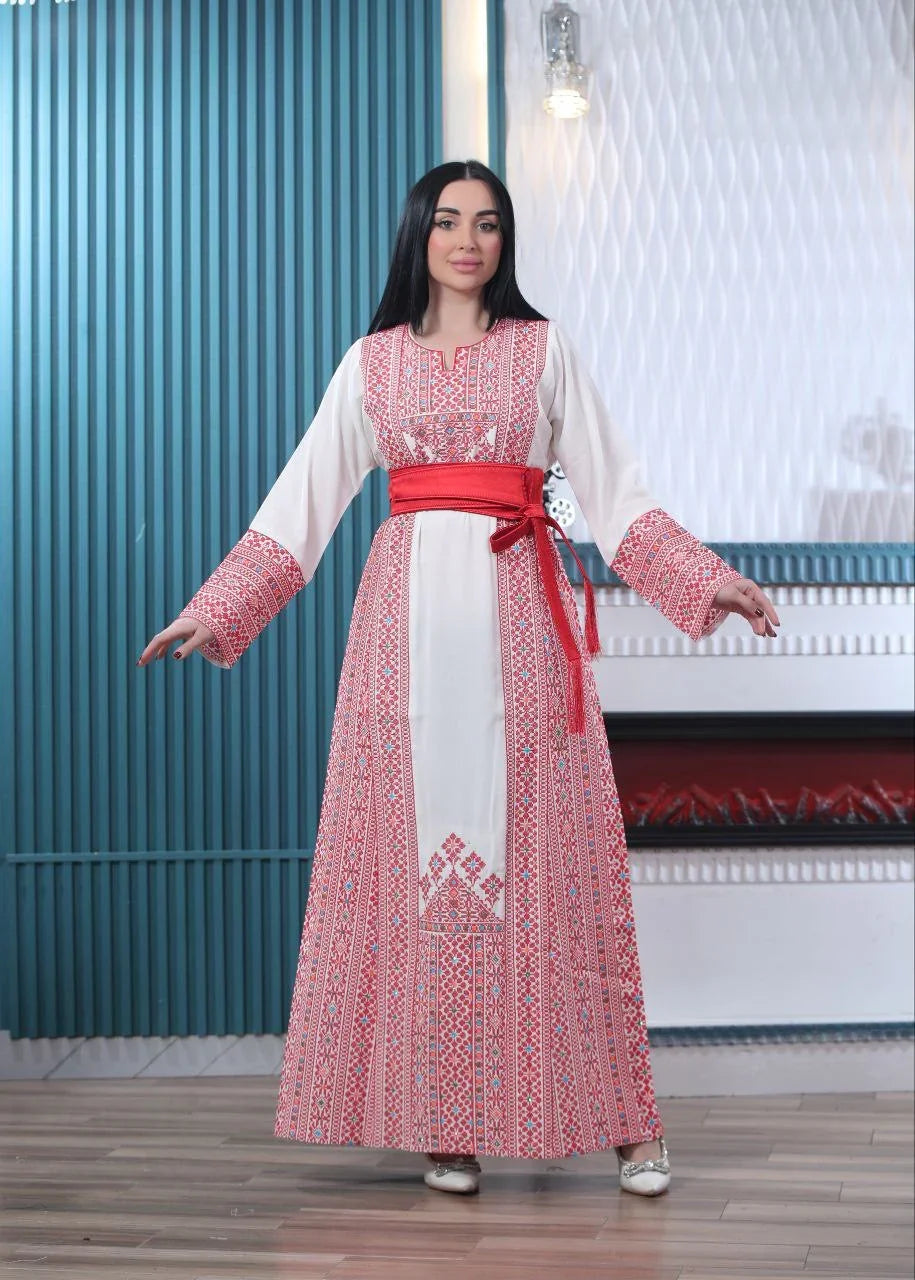 Wafa Embroidered Thoub With Satin Belt – Exquisite Elegance & Tradition - Palestinian Elegance