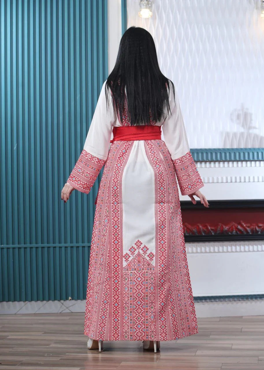 Wafa Embroidered Thoub With Satin Belt – Exquisite Elegance & Tradition - Palestinian Elegance