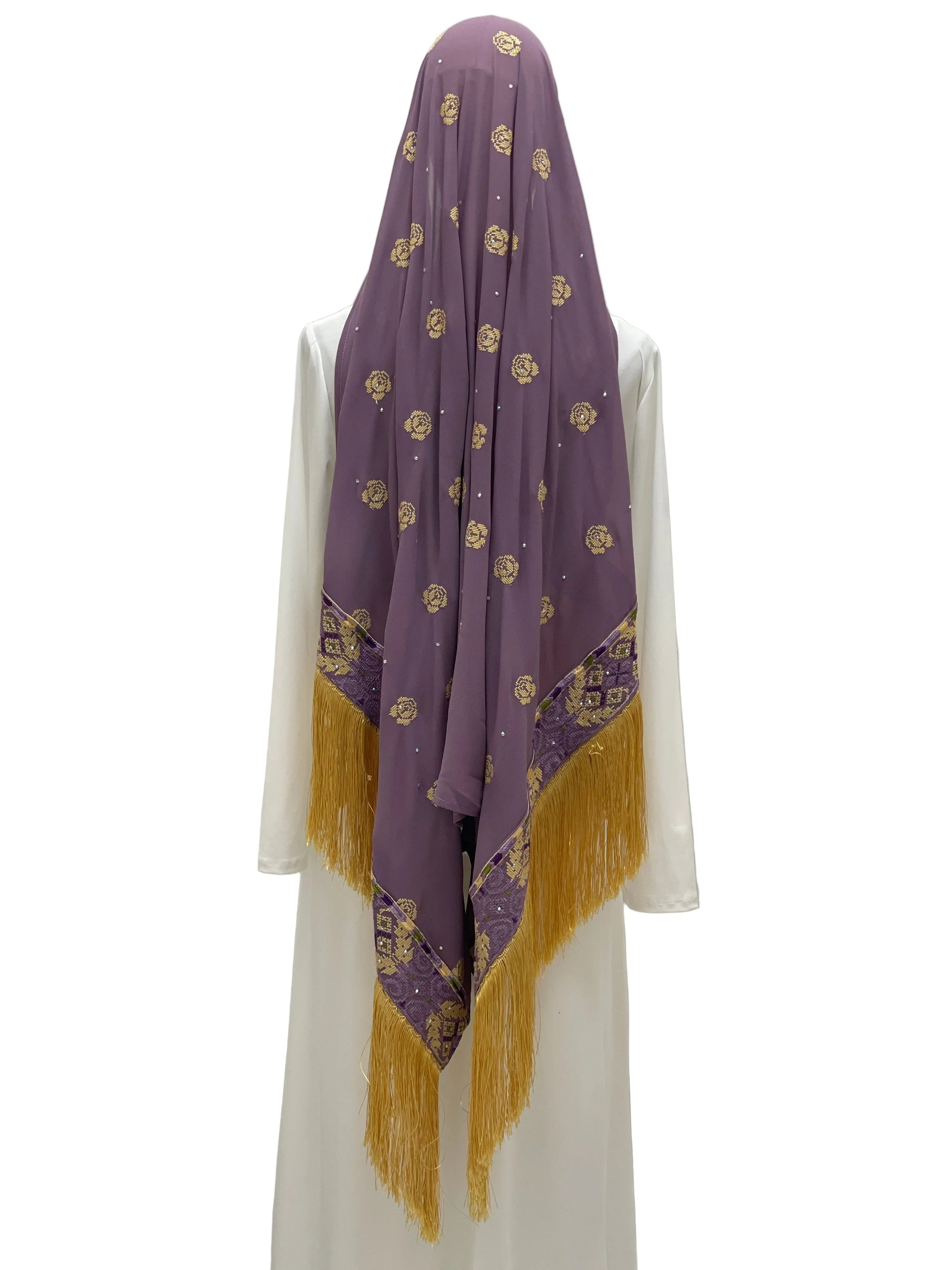 Warda Al-Karmeh Khirka-Shwal in purple with golden floral design and fringed hem for elegant layering