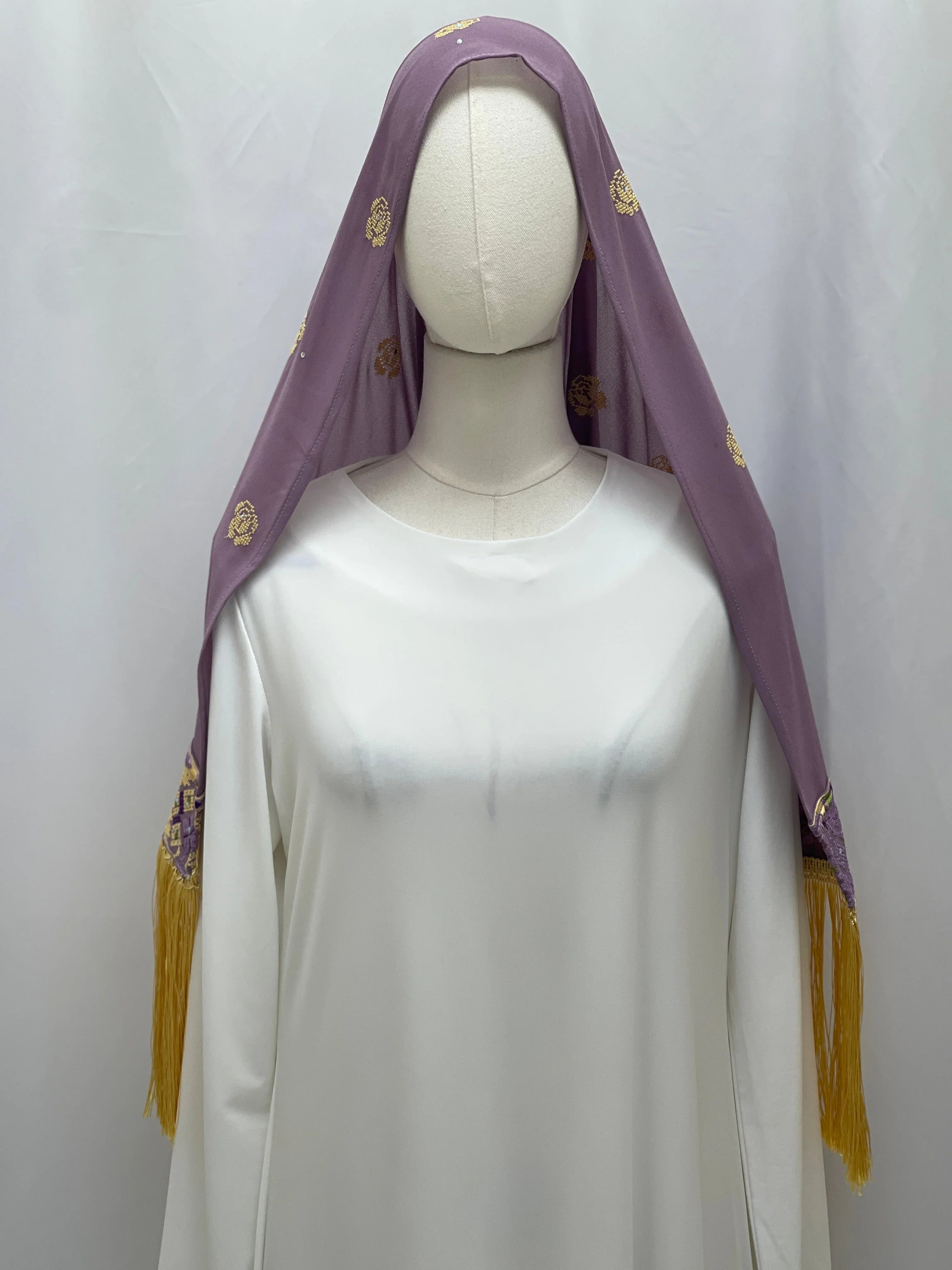 Warda Al-Karmeh Khirka-Shwal in lavender with golden embroidery and fringed edges, perfect for elegant outfits