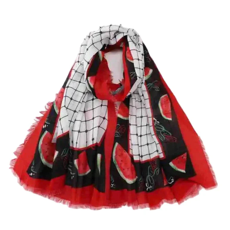 Watermelon long Hijab by Palestinian Elegance featuring red watermelon print black panels and white keffiyeh check pattern
