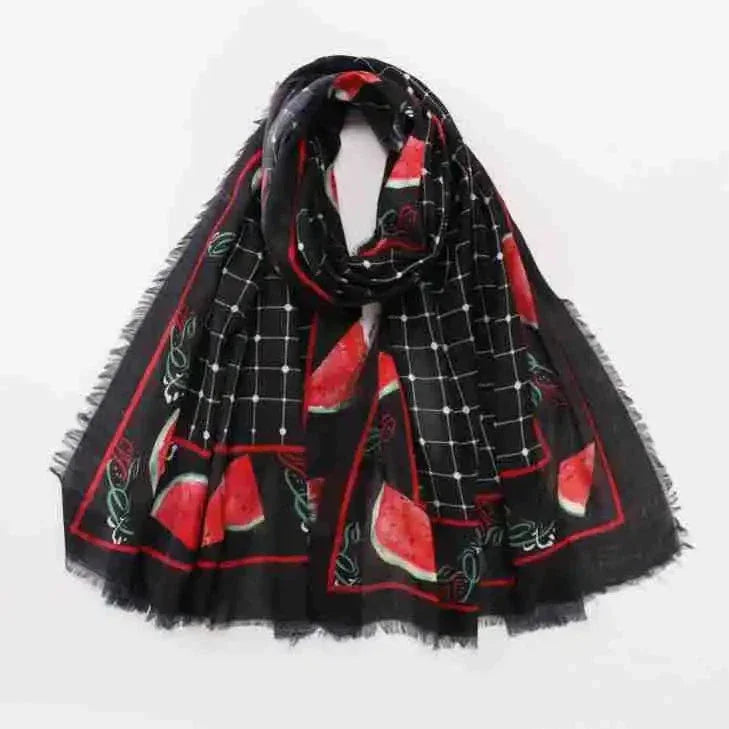 Palestinian Elegance Watermelon long Hijab black lightweight scarf with red watermelon slices grid pattern and frayed edges