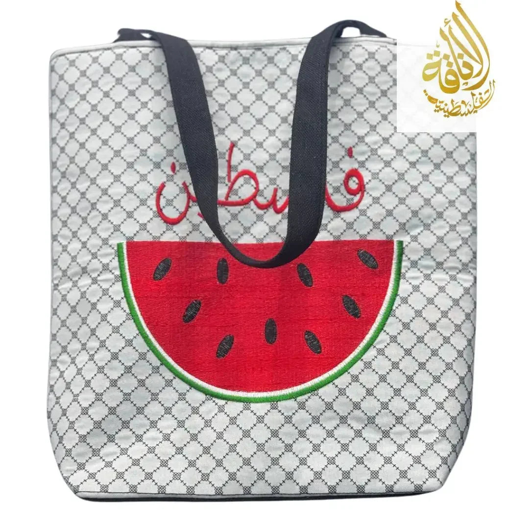 Palestinian watermelon tote bag with black straps and patterned white background by Palestinian Elegance