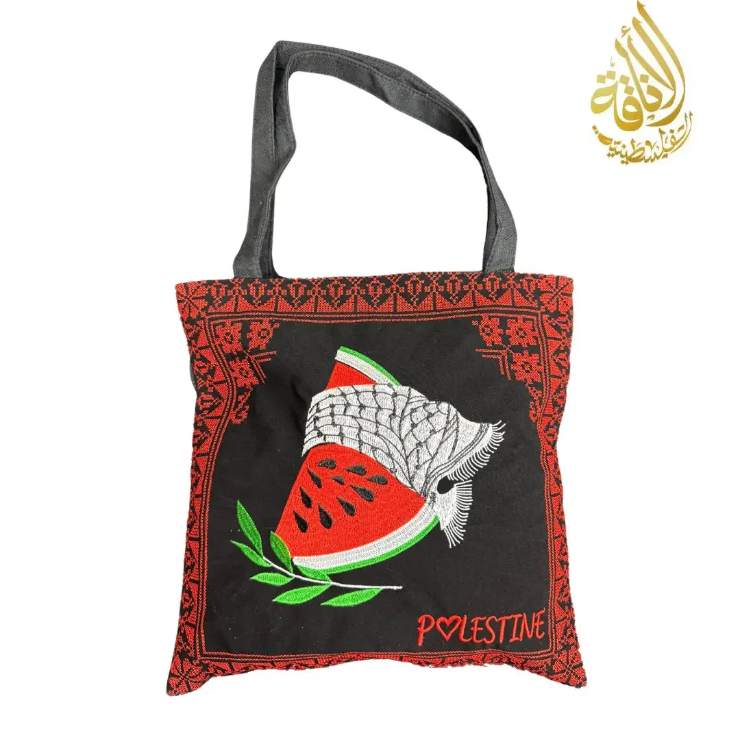 Palestinian embroidered tote bag with watermelon and traditional keffiyeh design in red and black colors