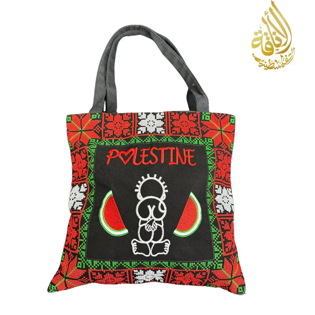 Palestinian Elegance tatreez embroidered tote bag with traditional red, black, and green design
