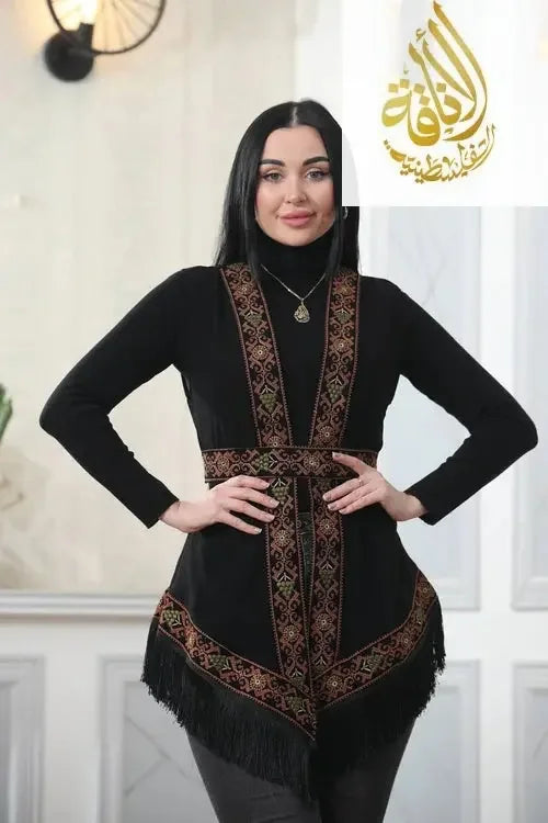 Elegant chiffon vest featuring traditional embroidered patterns.