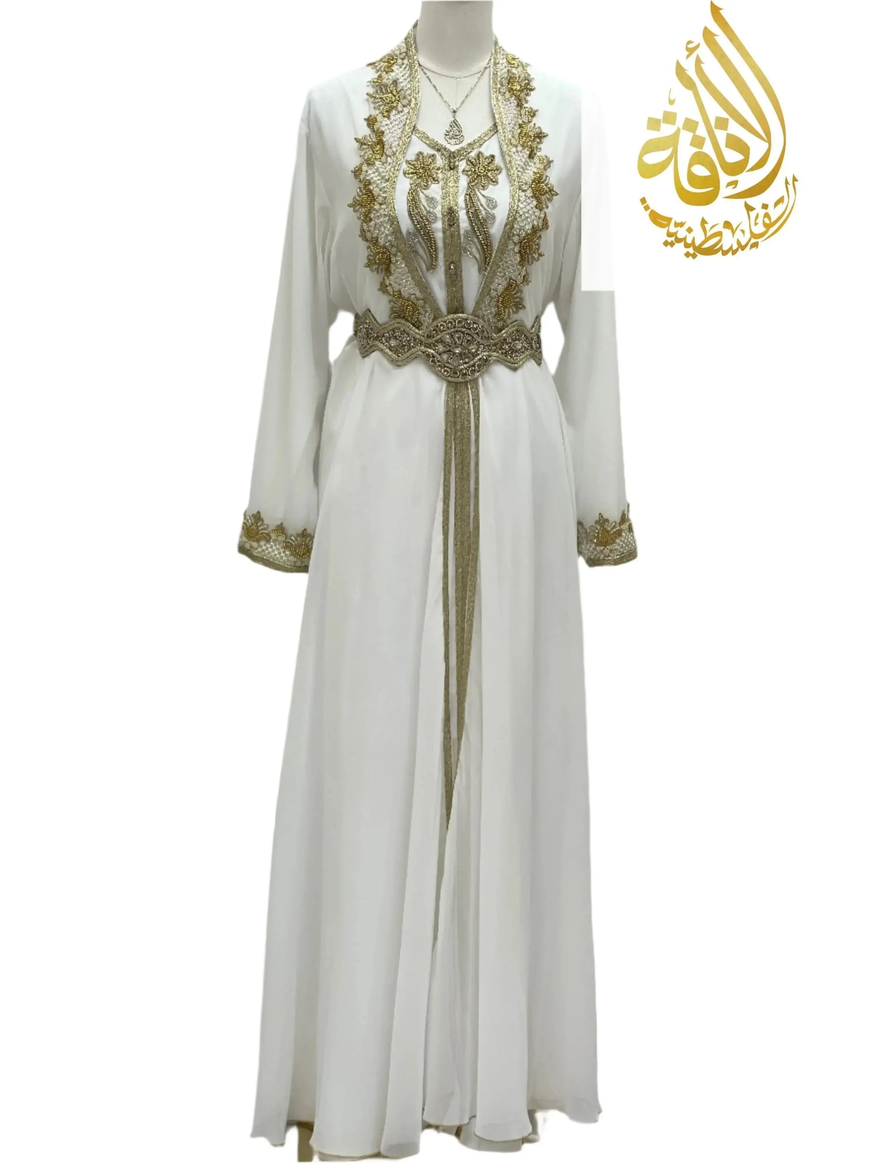 Elegant white Moroccan Style Kaftan with gold embroidery and decorative belt by Palestinian Elegance