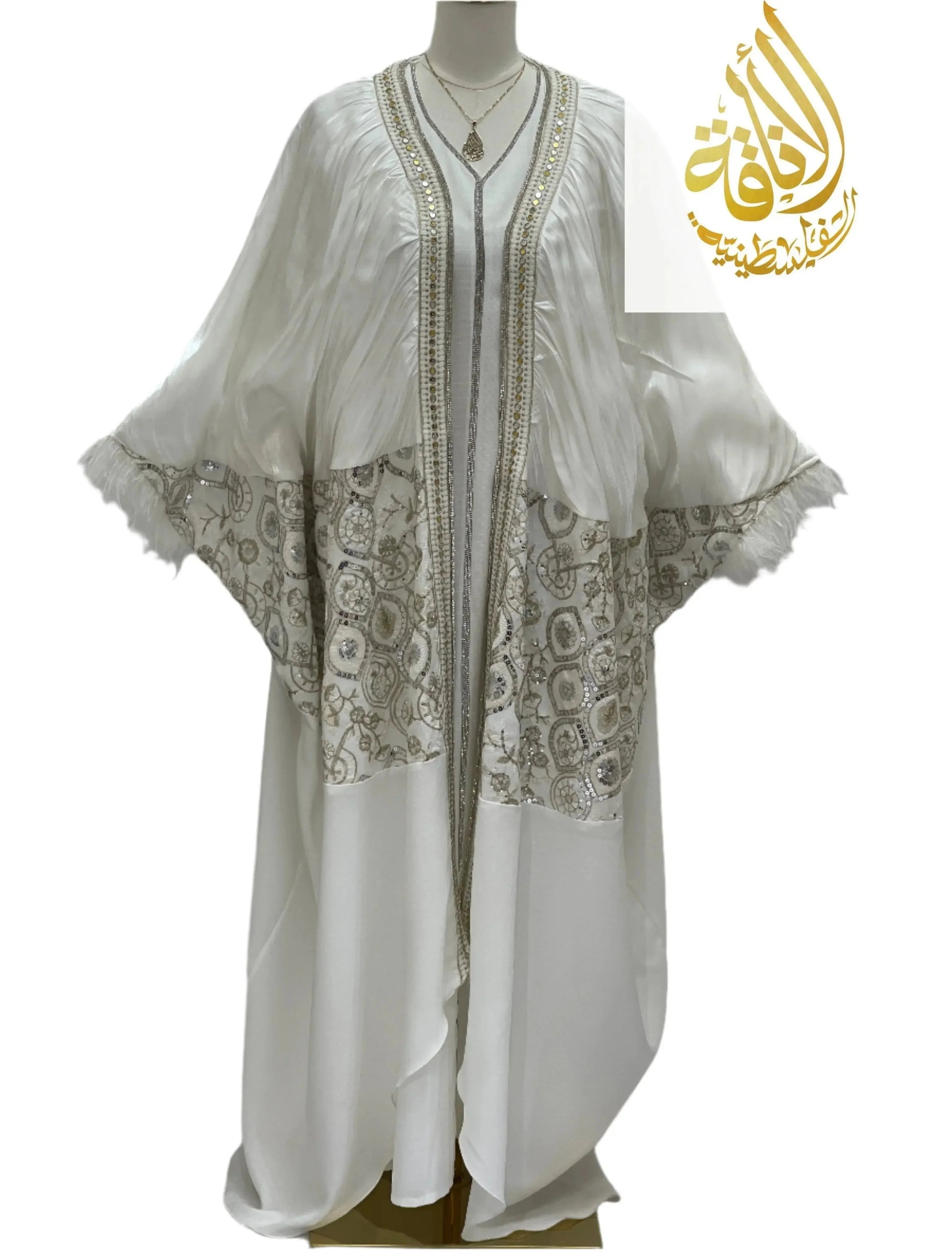 White Fancy Kaftan | Elegant Chiffon Modest Dress - Palestinian Elegance