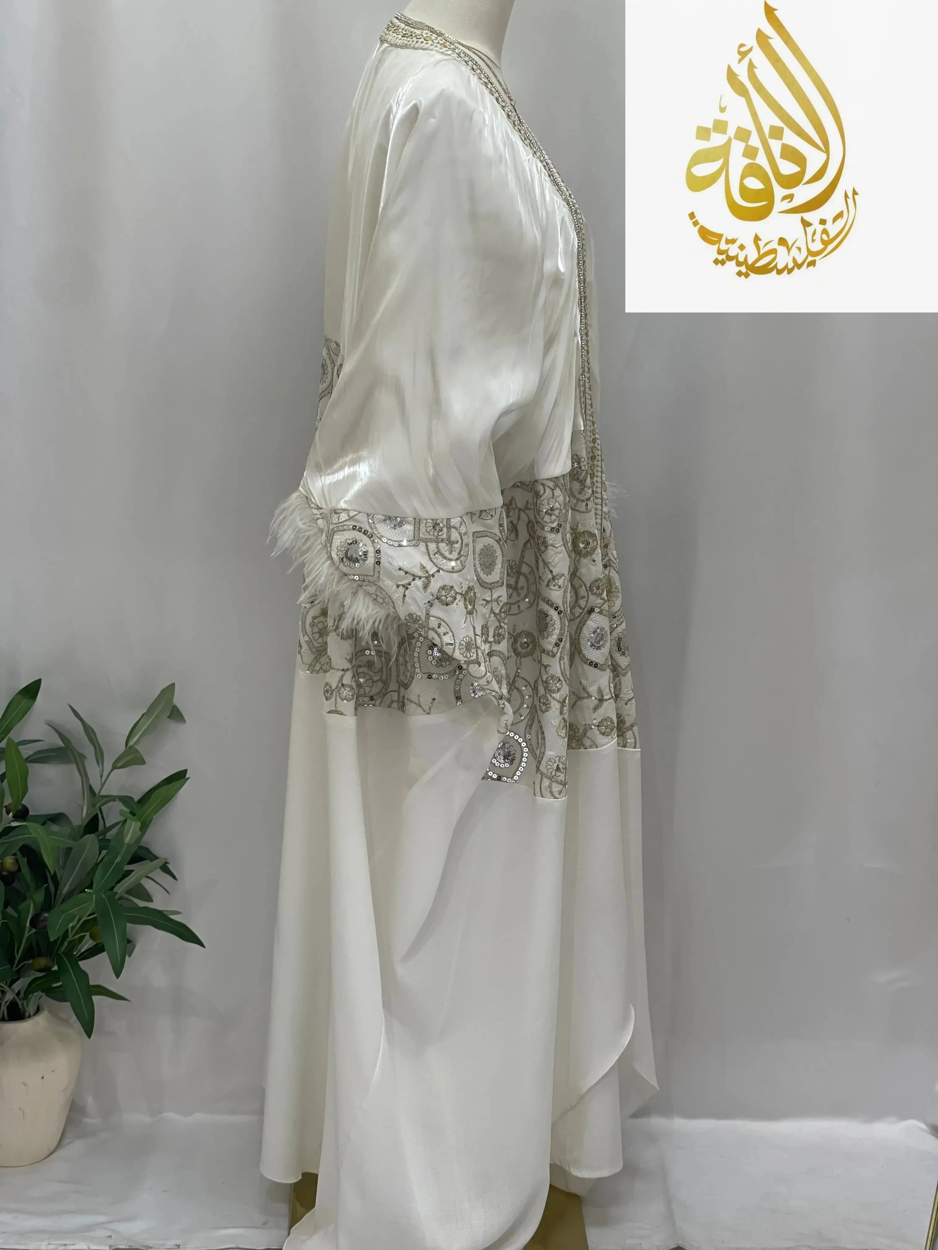 White Fancy Kaftan | Elegant Chiffon Modest Dress - Palestinian Elegance