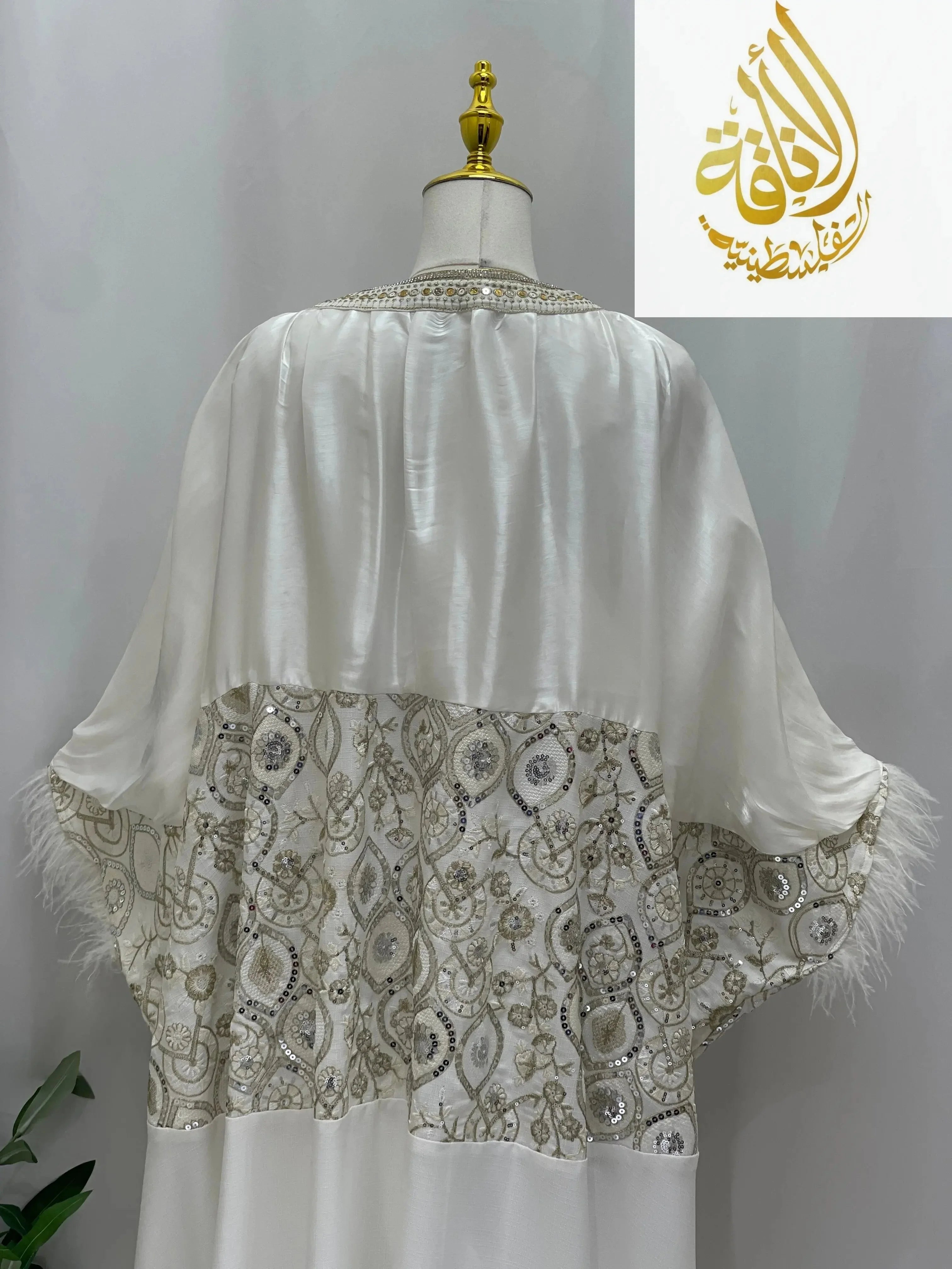 White Fancy Kaftan | Elegant Chiffon Modest Dress - Palestinian Elegance