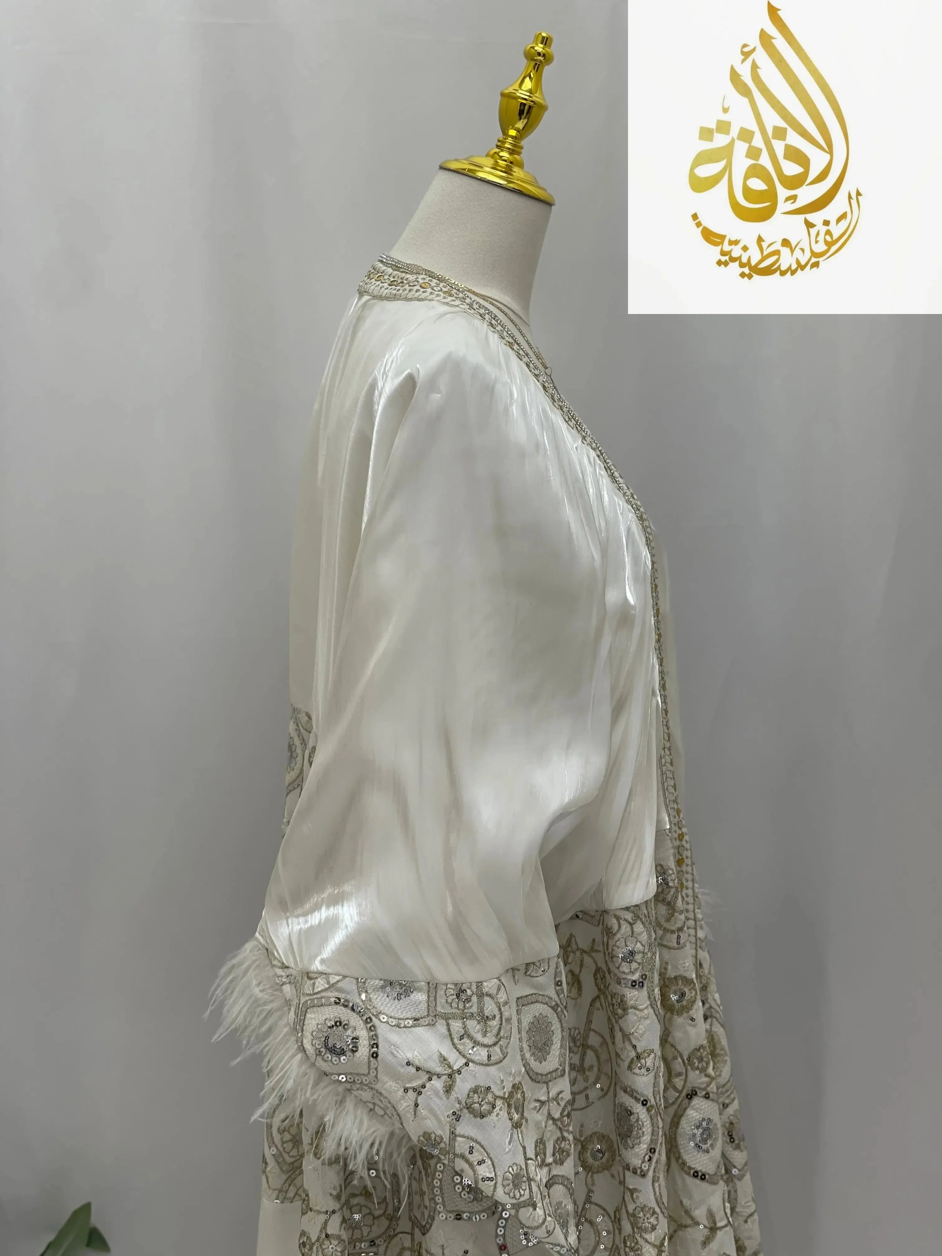 White Fancy Kaftan | Elegant Chiffon Modest Dress - Palestinian Elegance