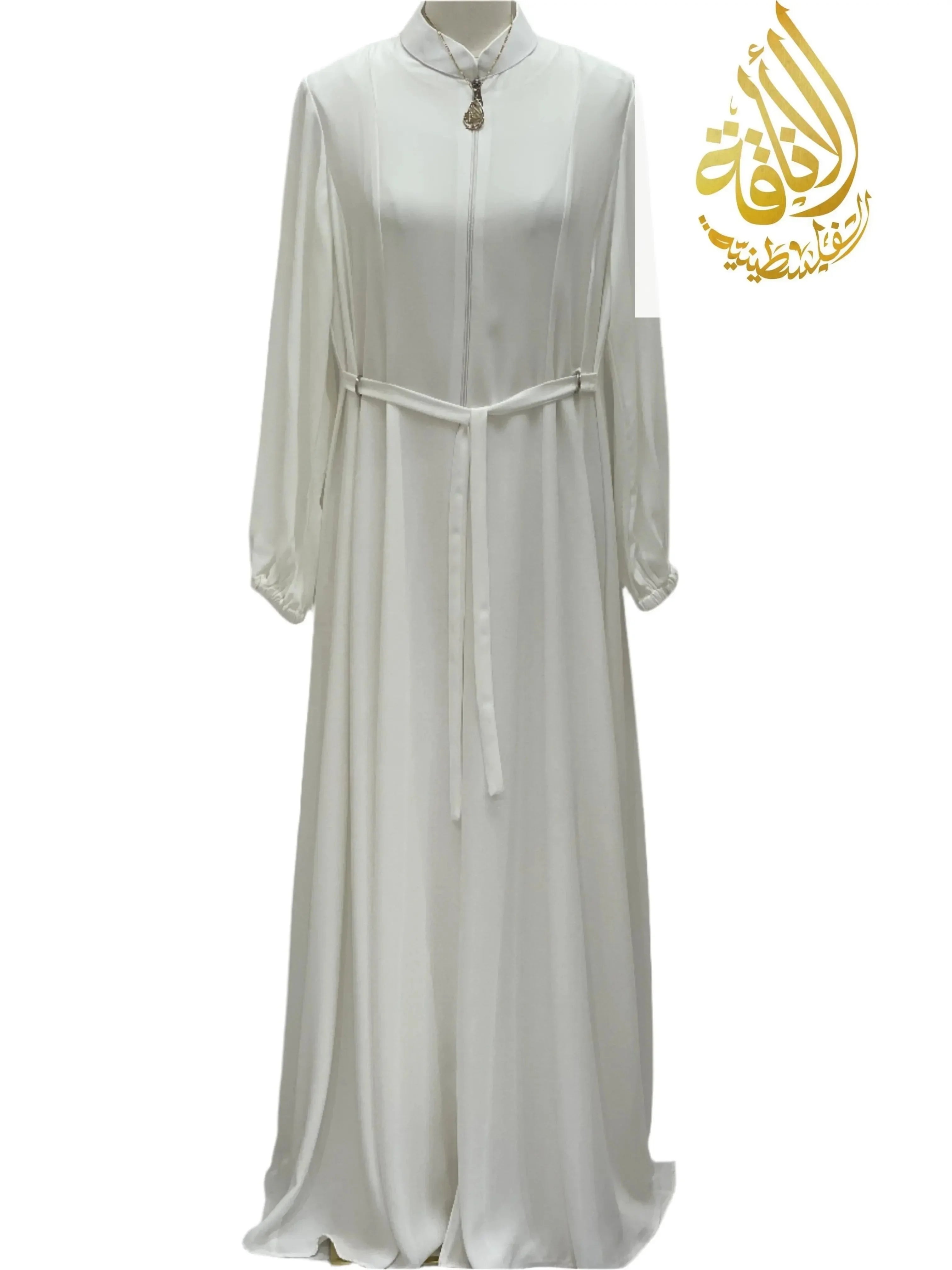 White Umra and Hajj Abaya by Palestinian Elegance with long sleeves and a simple belt