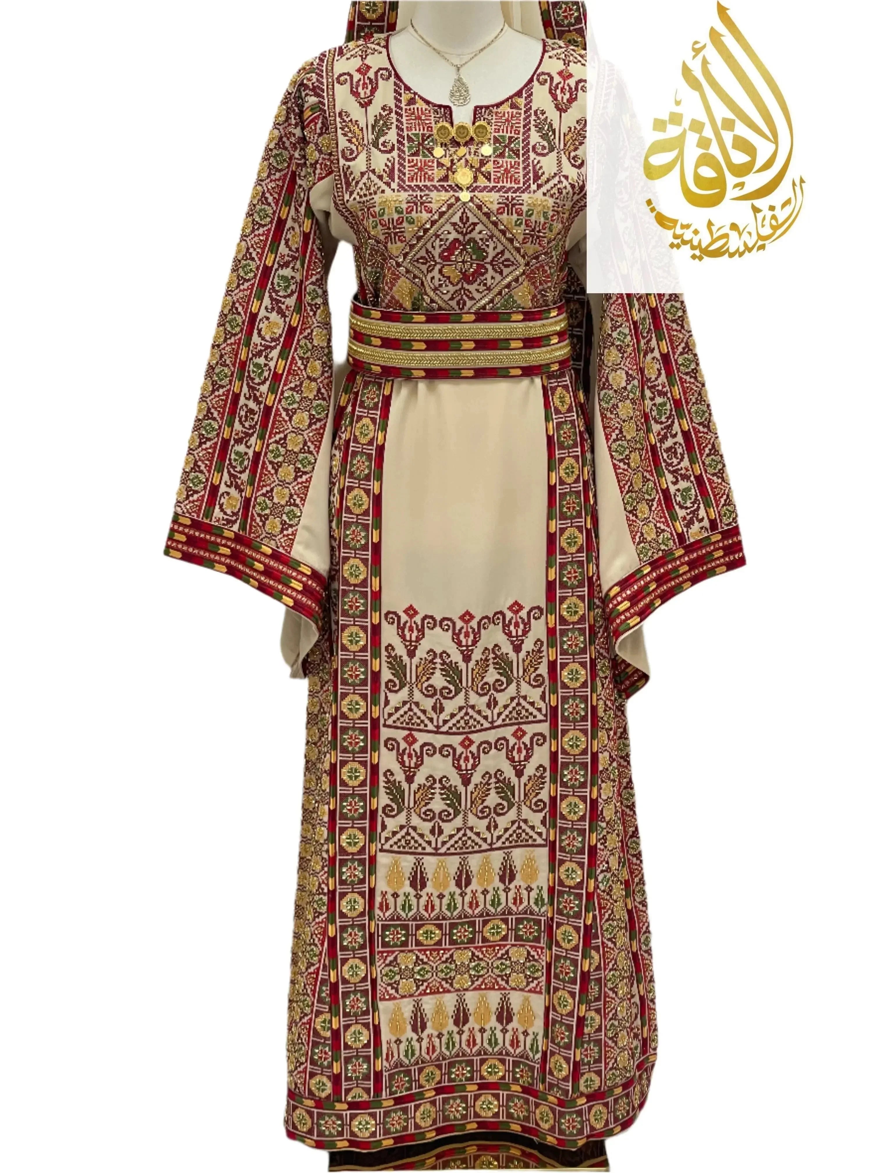 Palestinian Elegance Gold Beads Thoub with intricate embroidery and traditional patterned design
