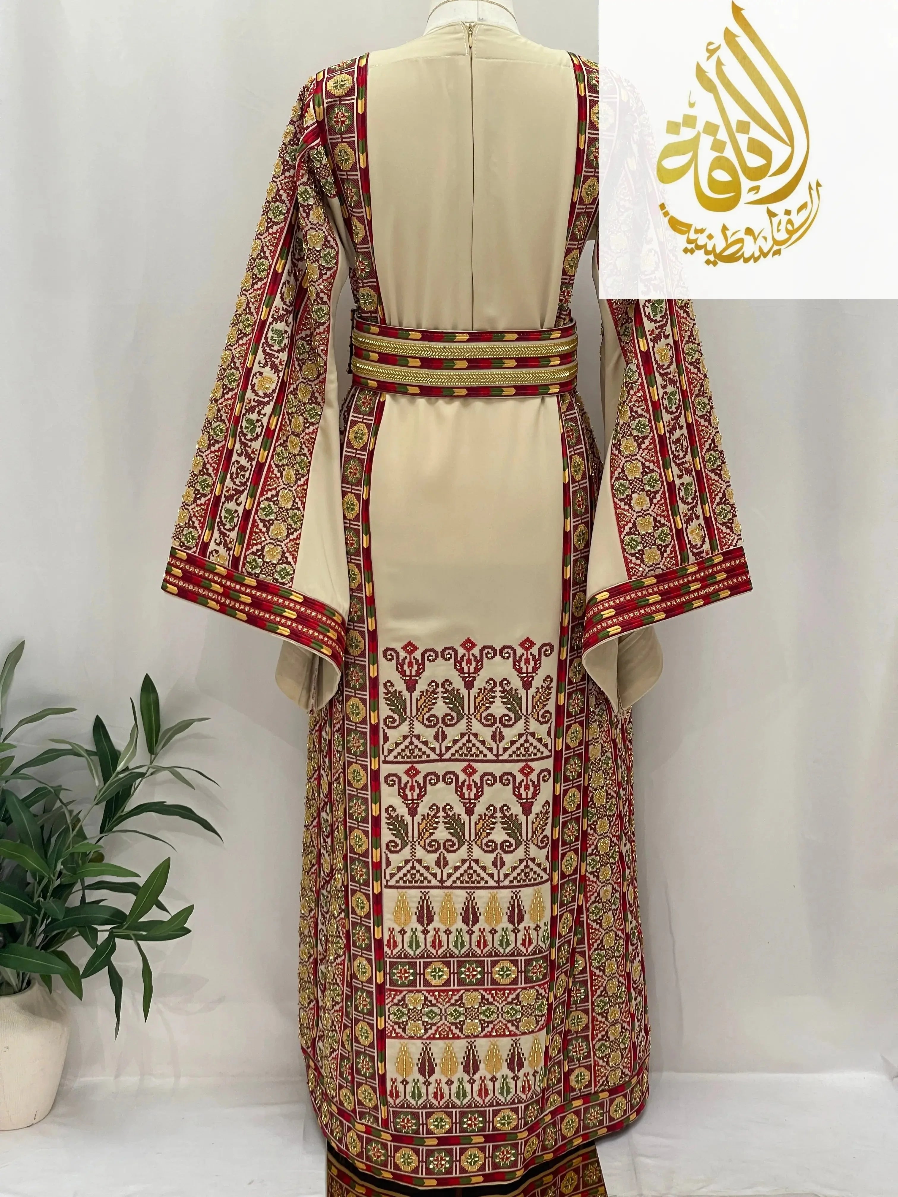 Palestinian Elegance traditional Gold Beads Thoub with intricate embroidery and long wide sleeves