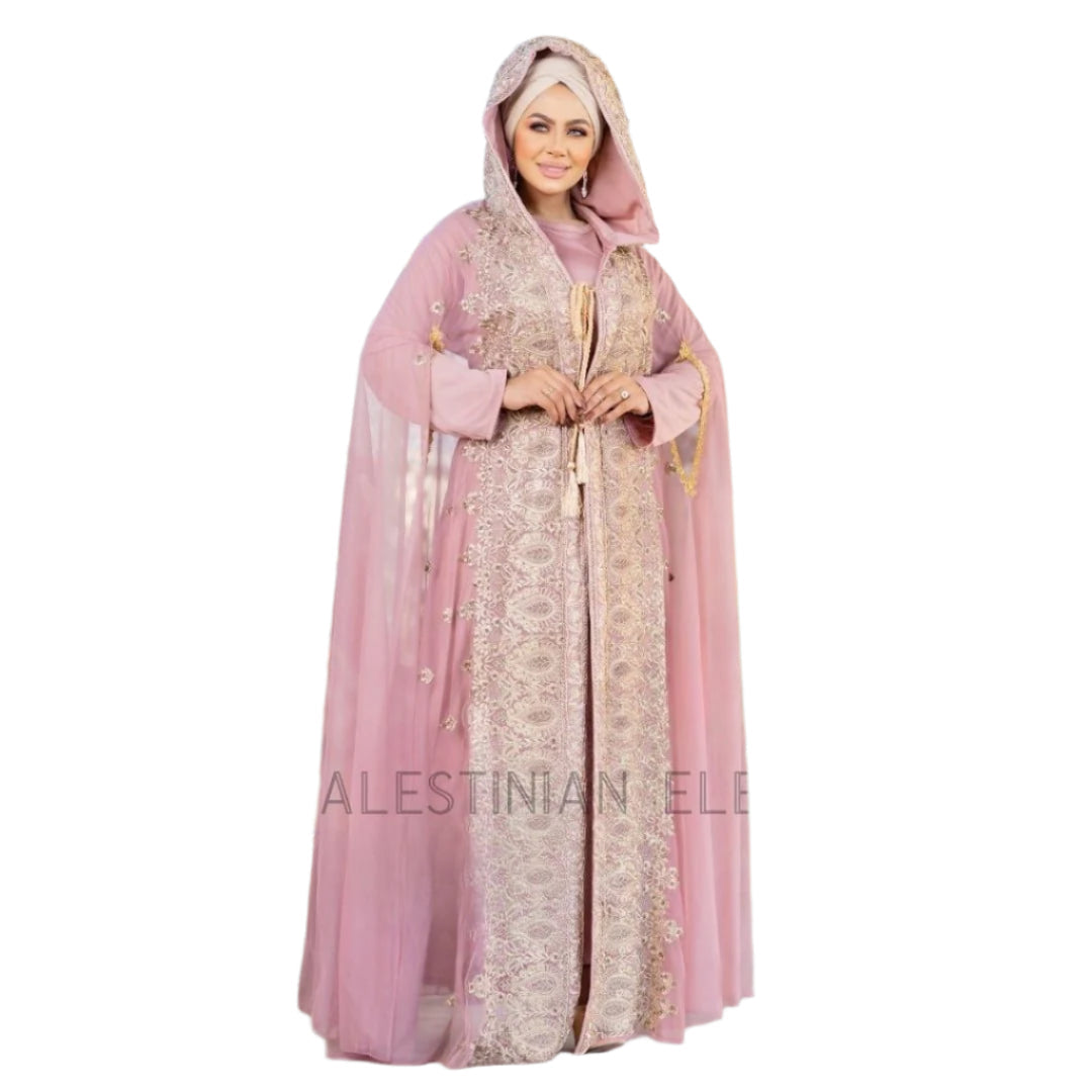 Pink embroidered kaftan dress with hood by Palestinian Elegance featuring intricate lace and floral details