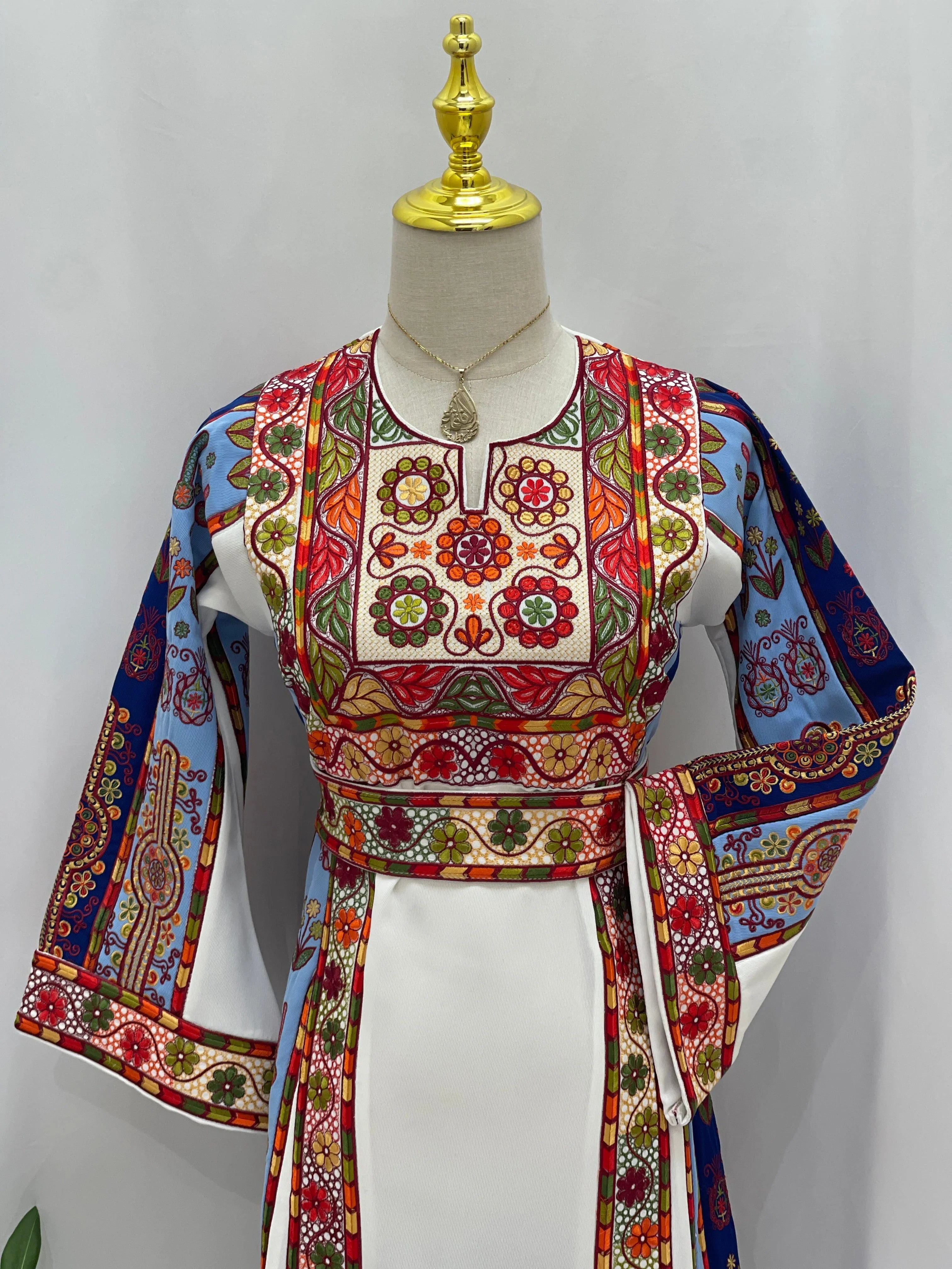 Stylish Embroidered Girls Thoub with Colorful Floral Patterns and Bell Sleeves