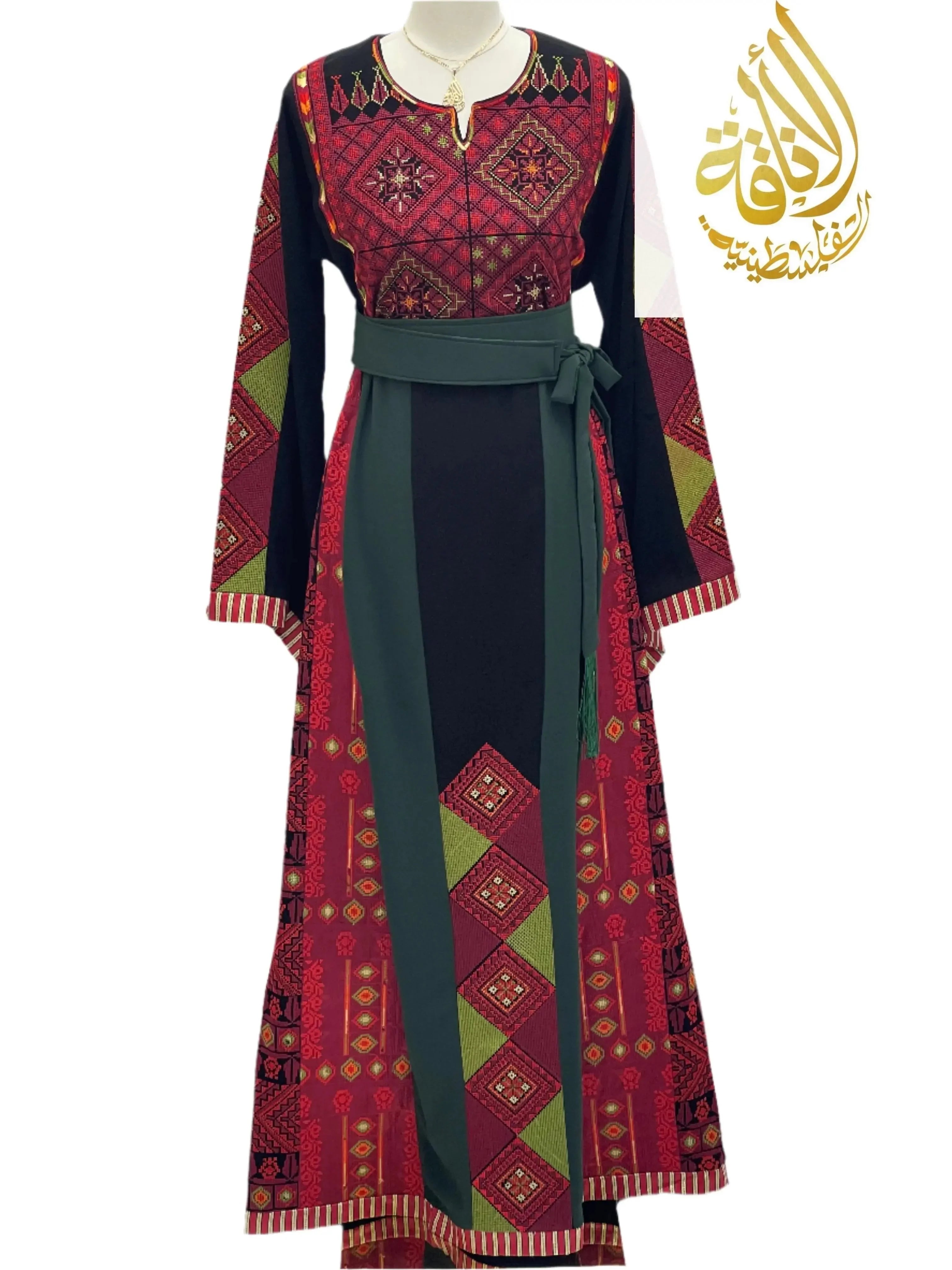 Palestinian Elegance embroidered Palestinian thoub with red and green geometric patterns and long sleeves