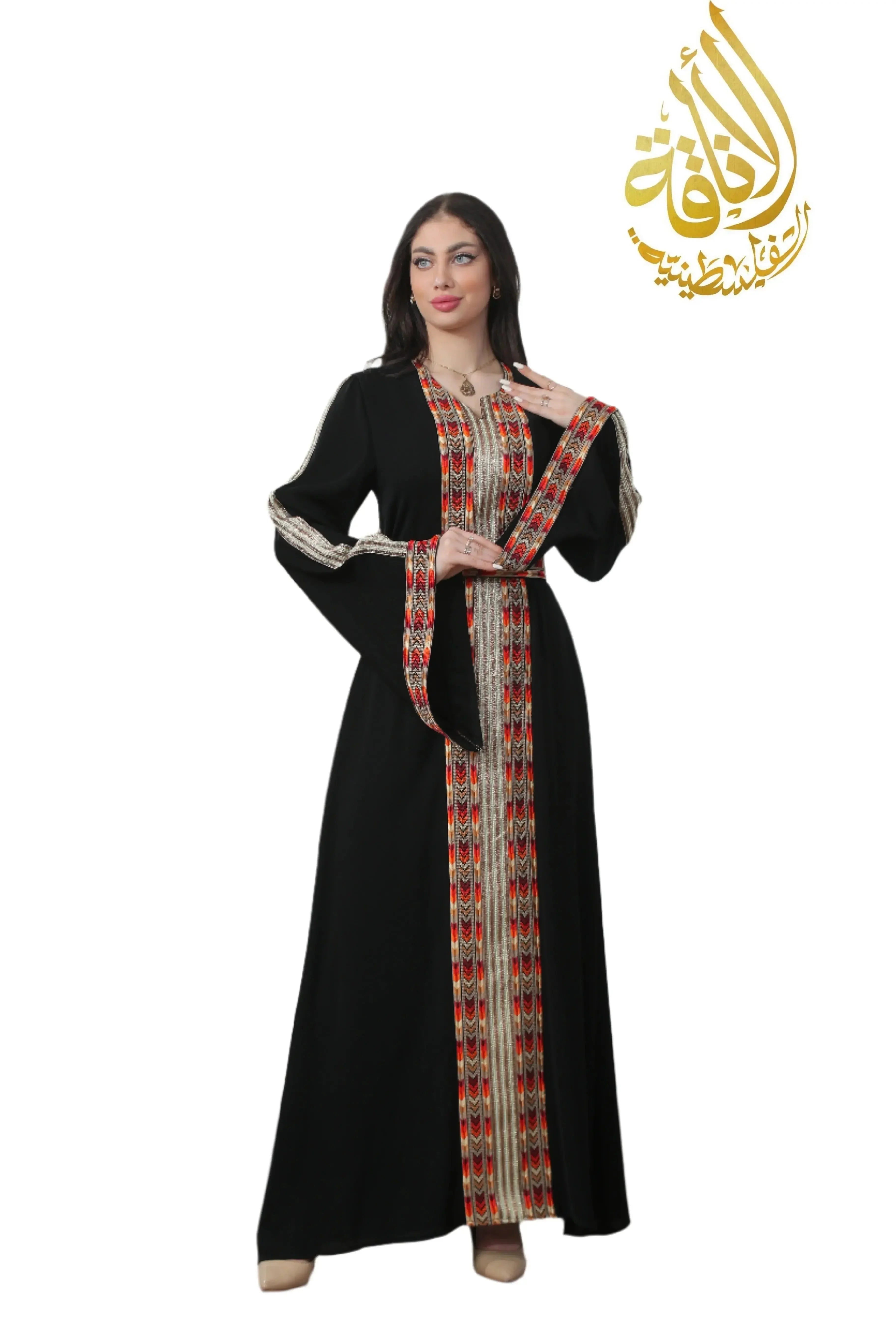 Palestinian Elegance Zena Embroidered Thoub black traditional dress with colorful embroidery details