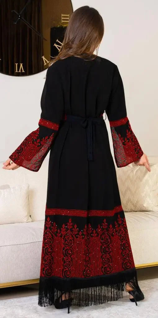 Sleeve-focused view of tatreez georgette abaya, highlighting embroidery and modest sleeve craftsmanship